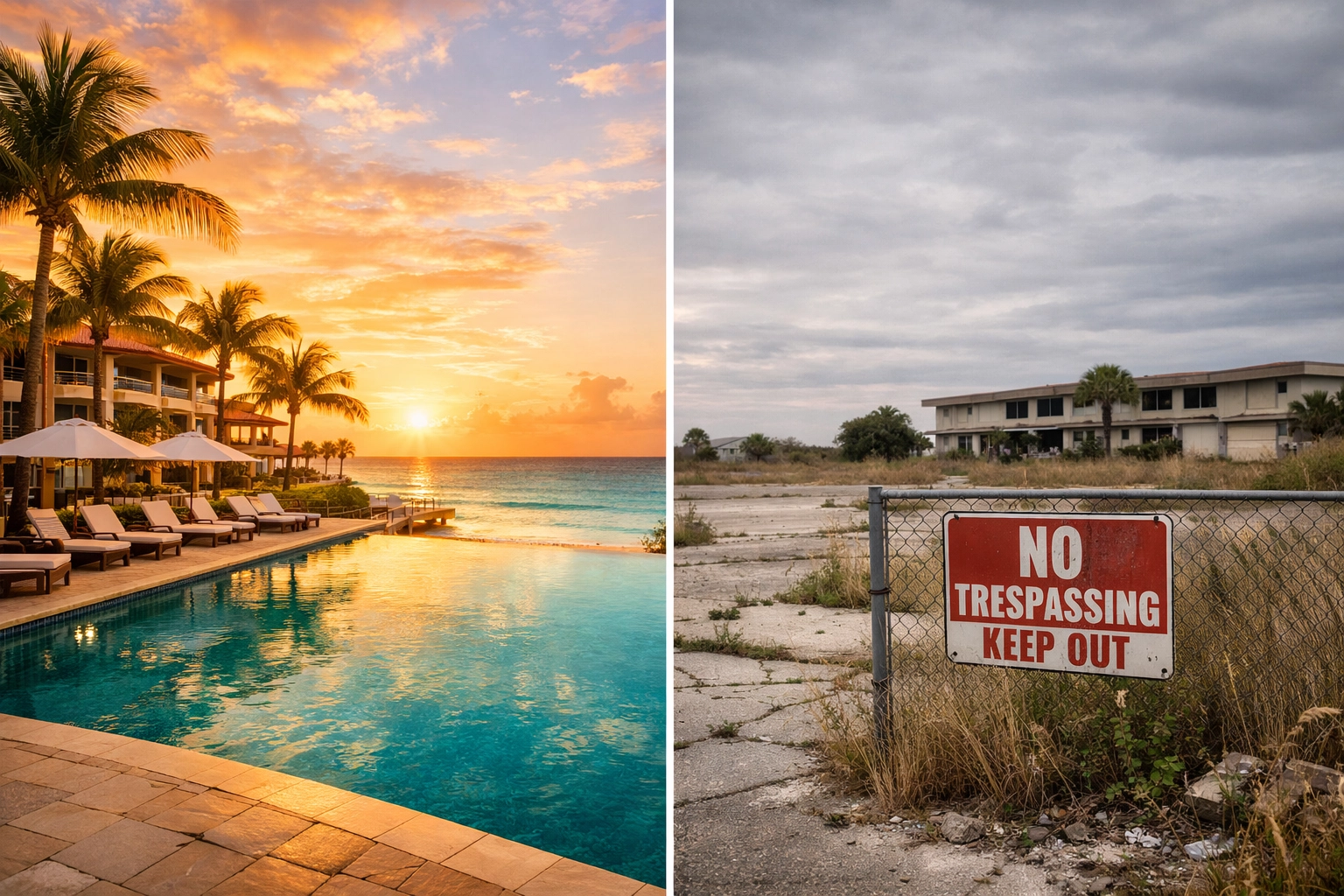 Comparison of advertised luxury resort versus actual run-down vacation rental scam property