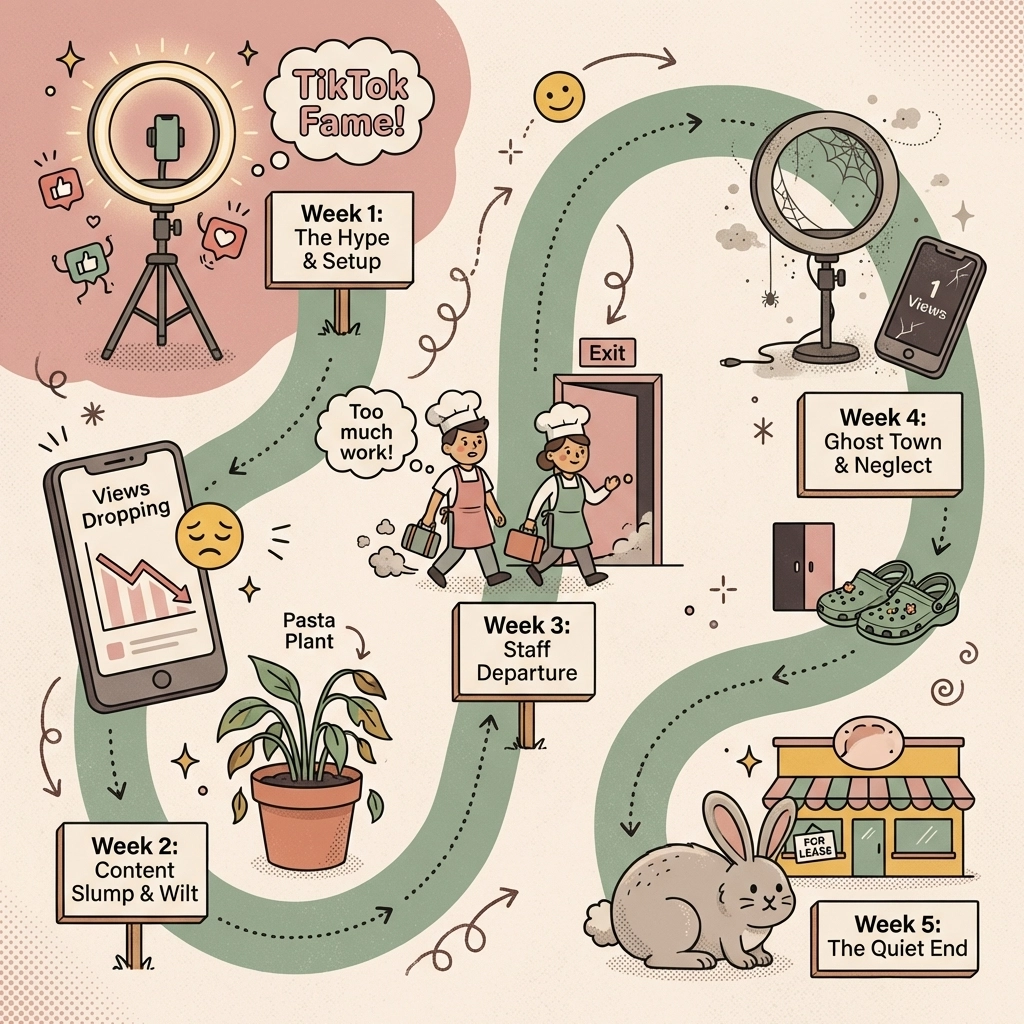 Infographic timeline showing the decline of a restaurant's TikTok marketing efforts due to staff turnover and burnout.