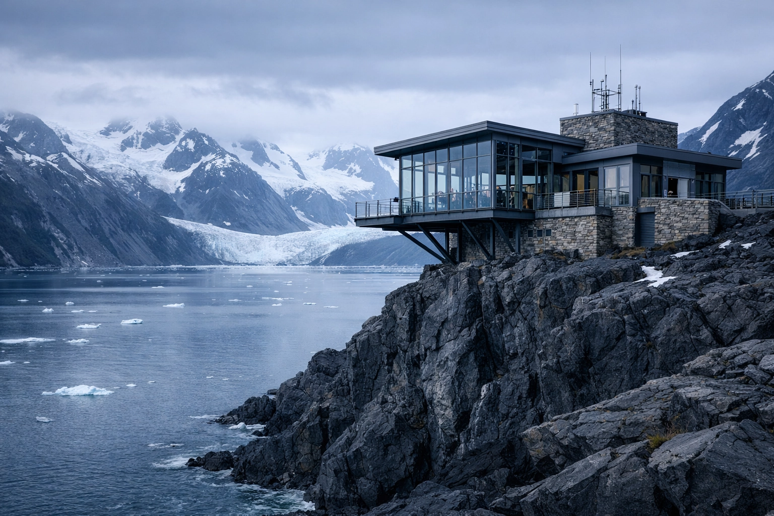 A secure architectural outpost on a rugged cliff, symbolizing the protection of business insurance alaska.