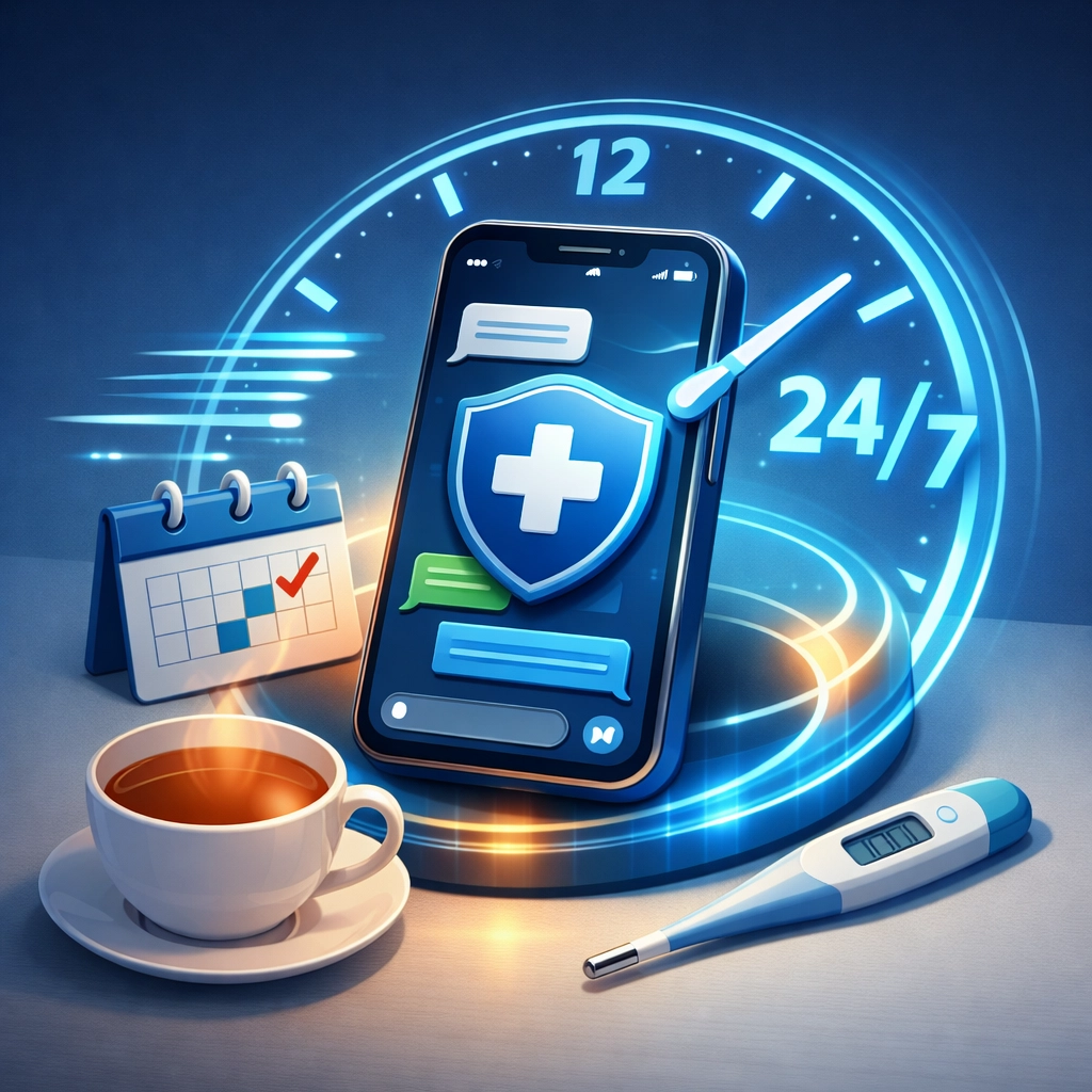 Smartphone displaying secure medical messaging for 24/7 online doctor access and urgent care services.