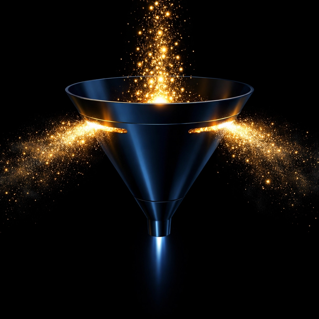 Digital marketing funnel leaking golden light, symbolizing lost ROI and budget waste in inefficient campaigns.