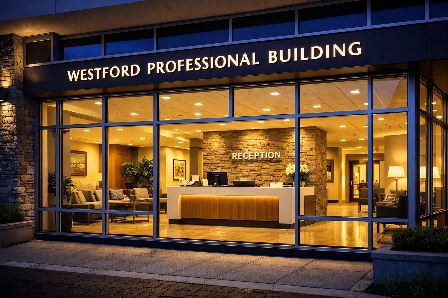 A spotless Westford office lobby after professional after-hours janitorial services.