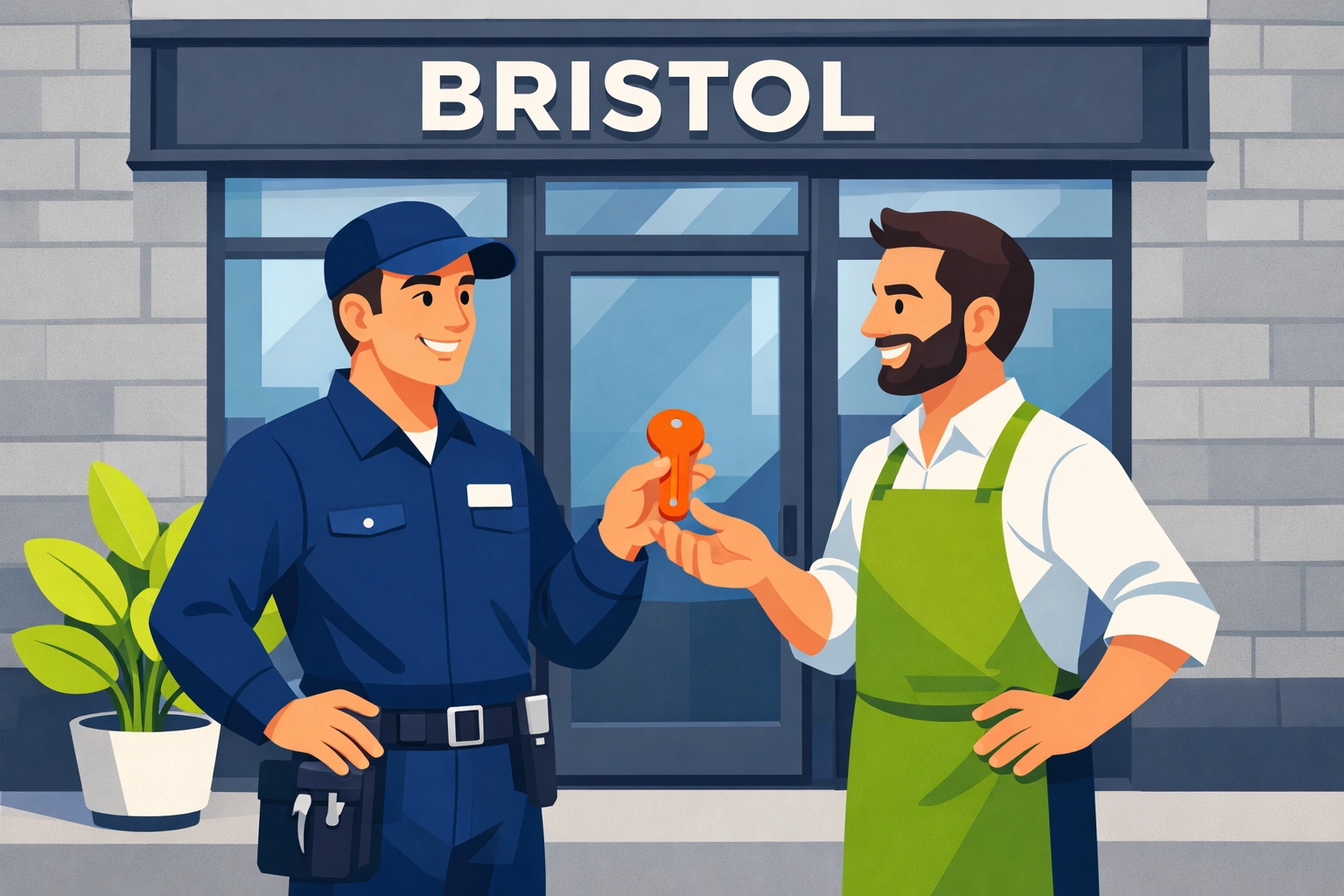 A professional locksmith Bristol providing a secure key to a local shop owner for a business storefront.