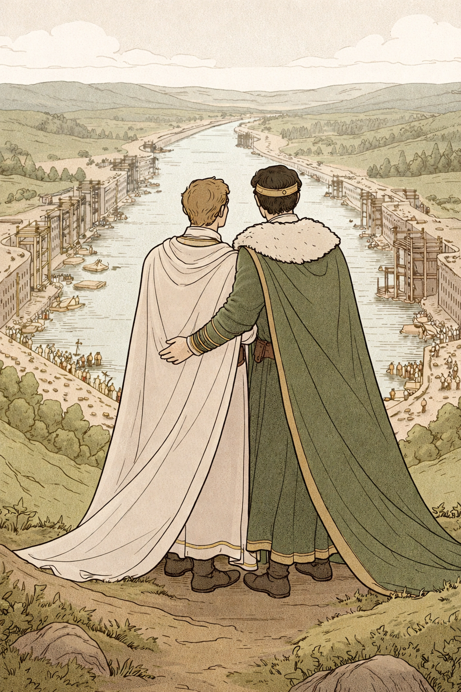 Two regal men stand close together on a hilltop, overlooking the construction of a canal that unites warring kingdoms, embodying visionary MM partnership in LGBTQ+ literature.