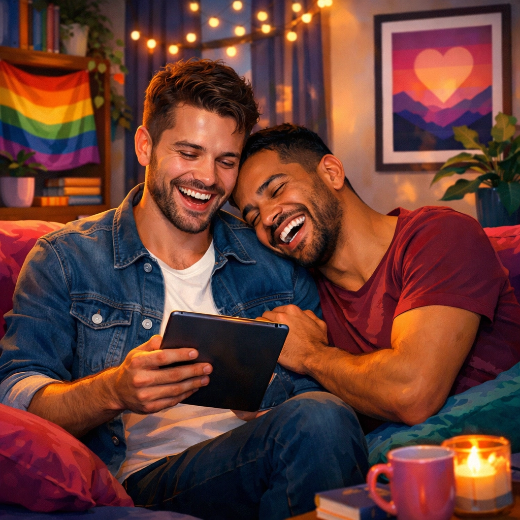 A joyful gay couple laughing while reading a romance book together on a cozy sofa.