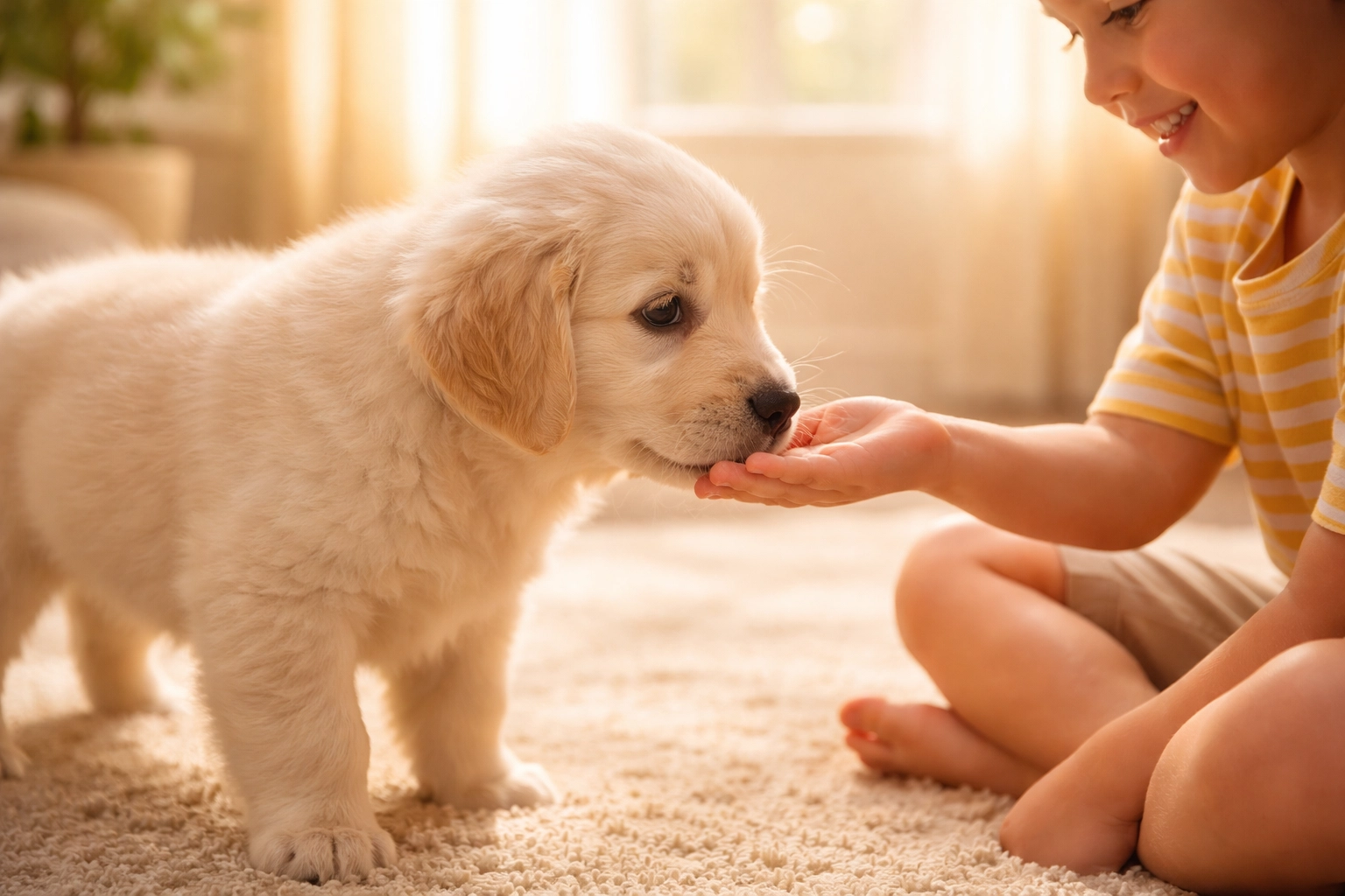 Golden Retriever puppy socializing with a child in a sunlit Oregon home, showcasing early positive interaction