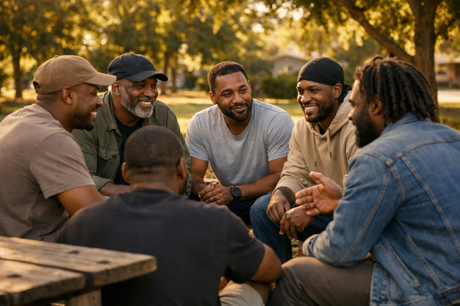 Black men supporting each other's mental health in community circle outdoors