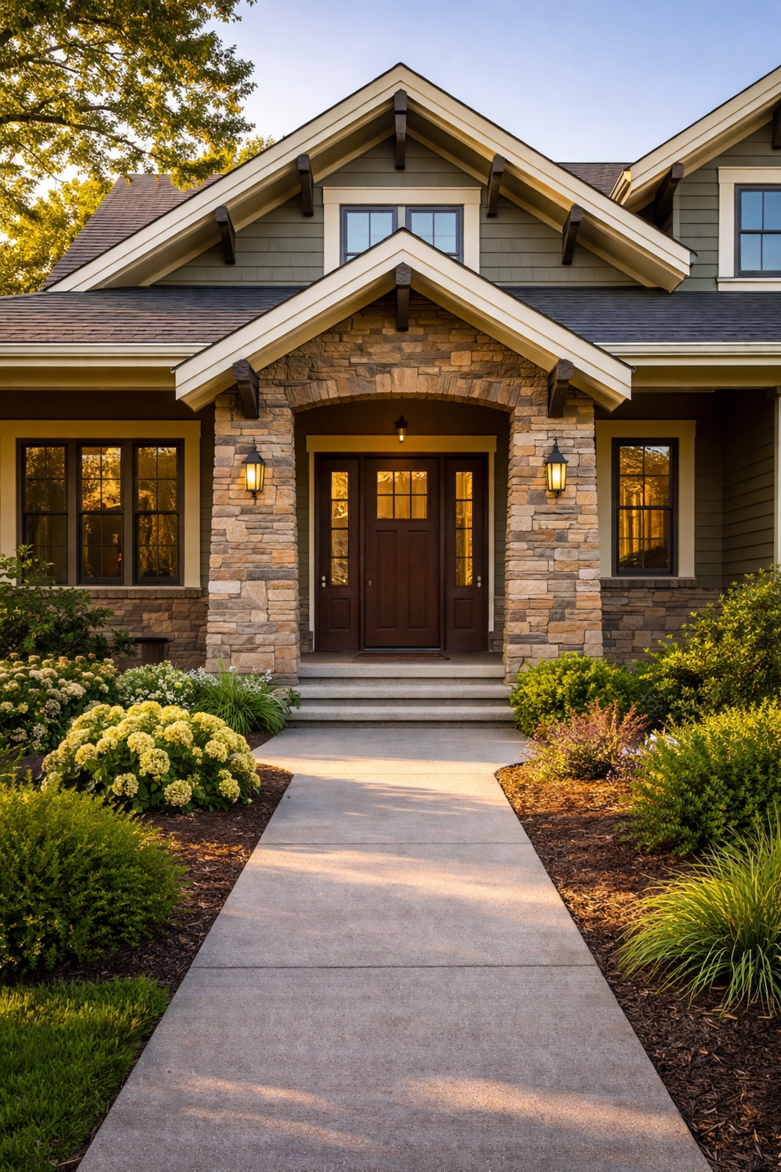 Craftsman-style home exterior with upgraded siding and stone veneer, showcasing ROI-boosting curb appeal improvements.