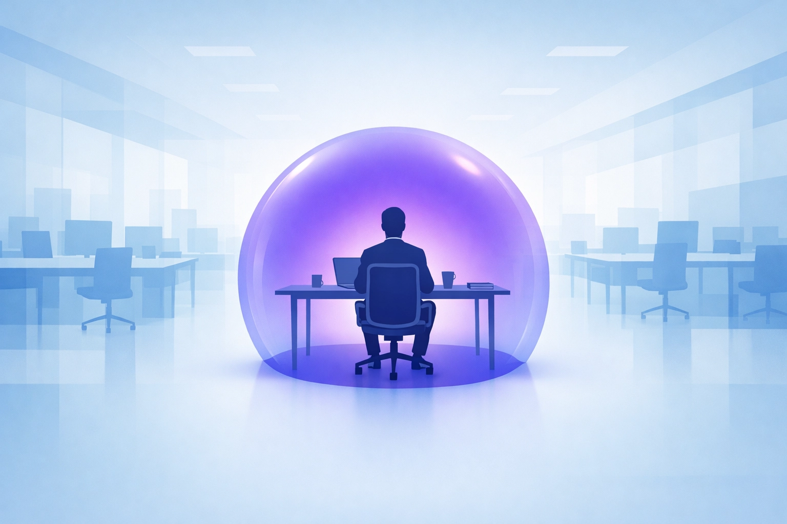 Illustration of a worker protected by a mental focus shield in a busy open-plan office setting.