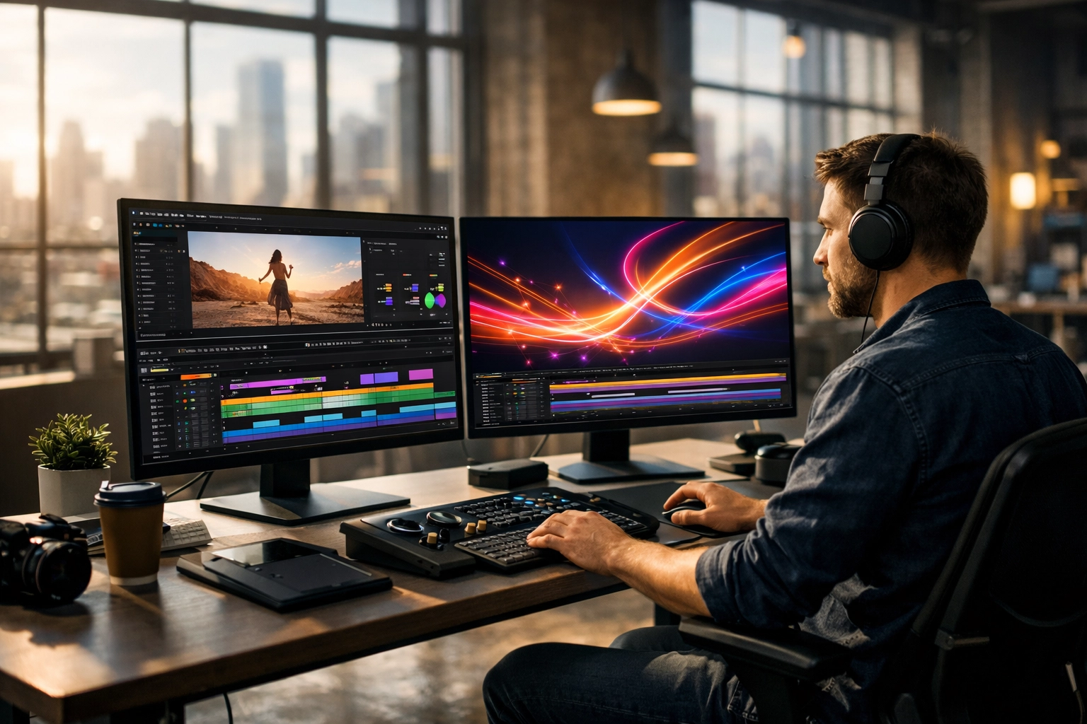 Professional media production suite with high-resolution monitors for Dakdan Worldwide multi-media content creation.