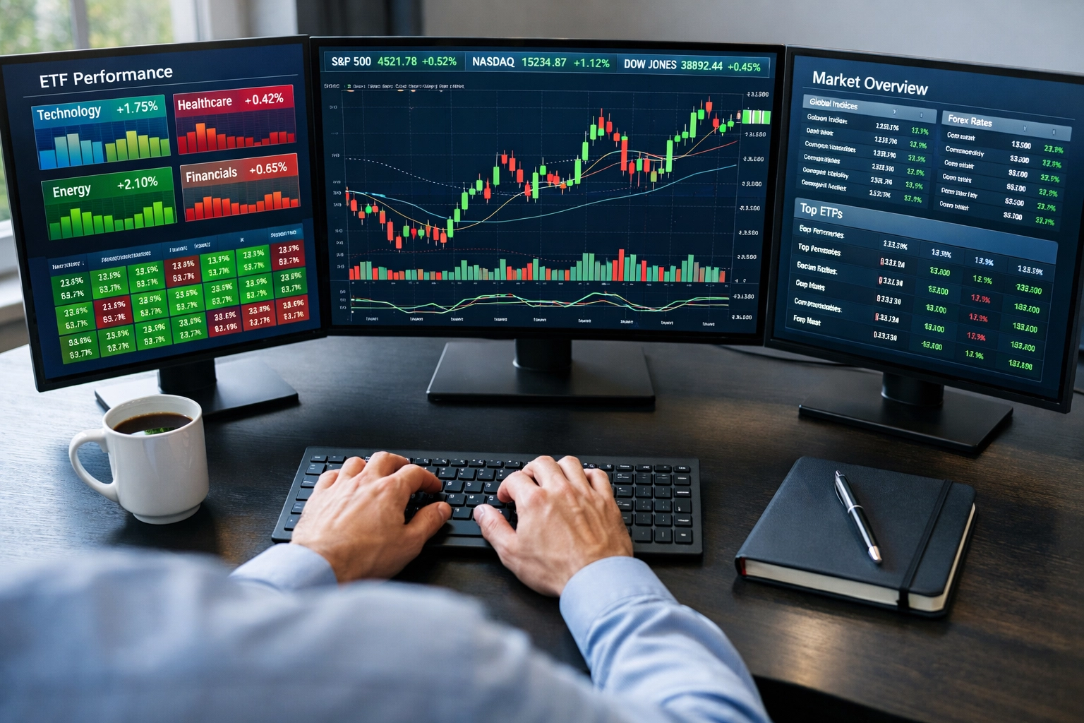 Professional trading desk displays with active ETF performance charts and market data