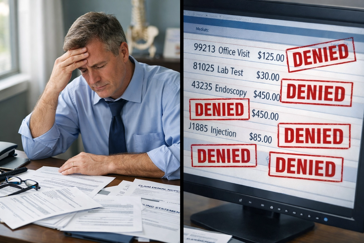 Clinic director stressed by denied medical billing claims and coding errors from offshore AI systems