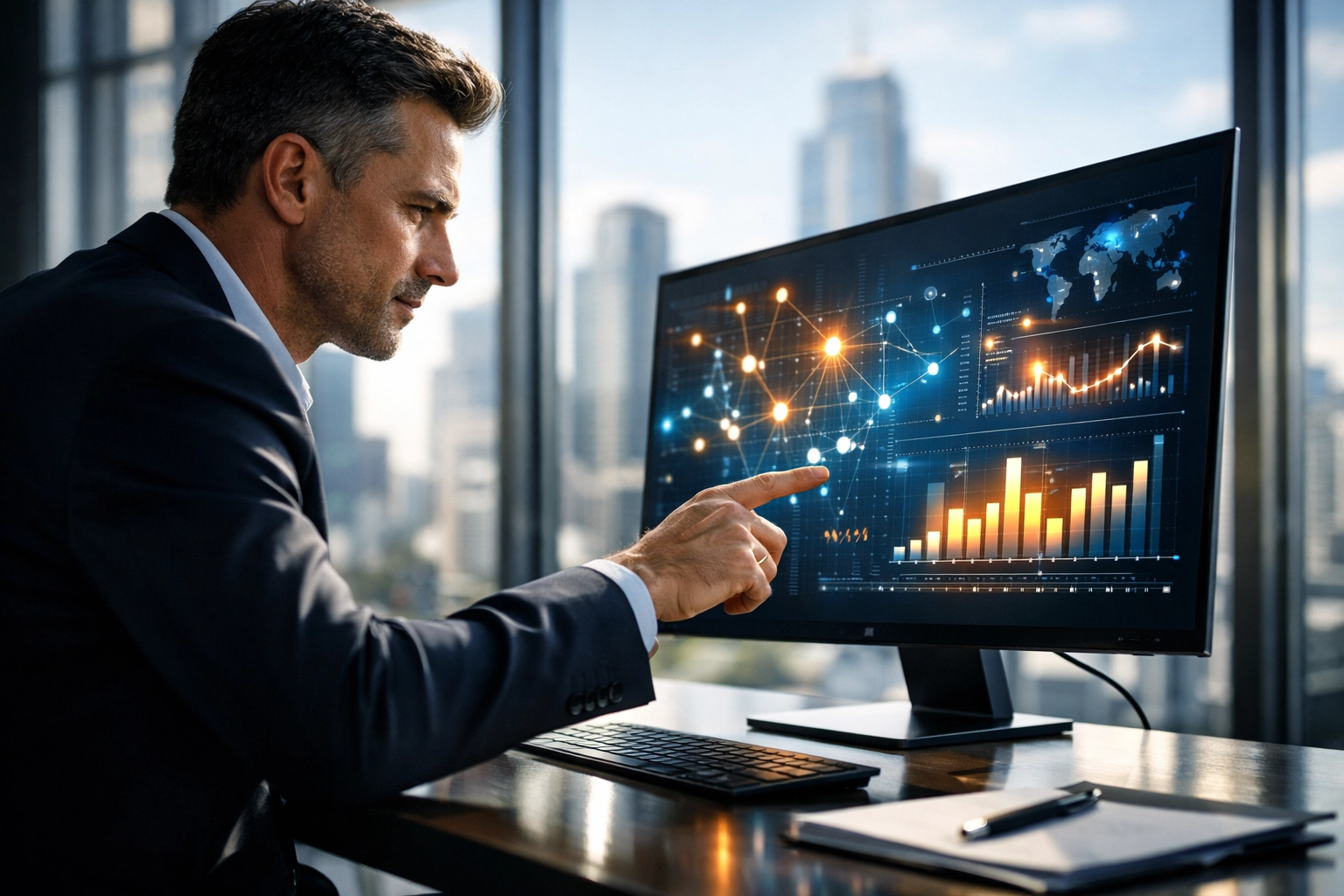 Executive using workforce analytics dashboards to optimize data-driven recruitment and talent pipelines.