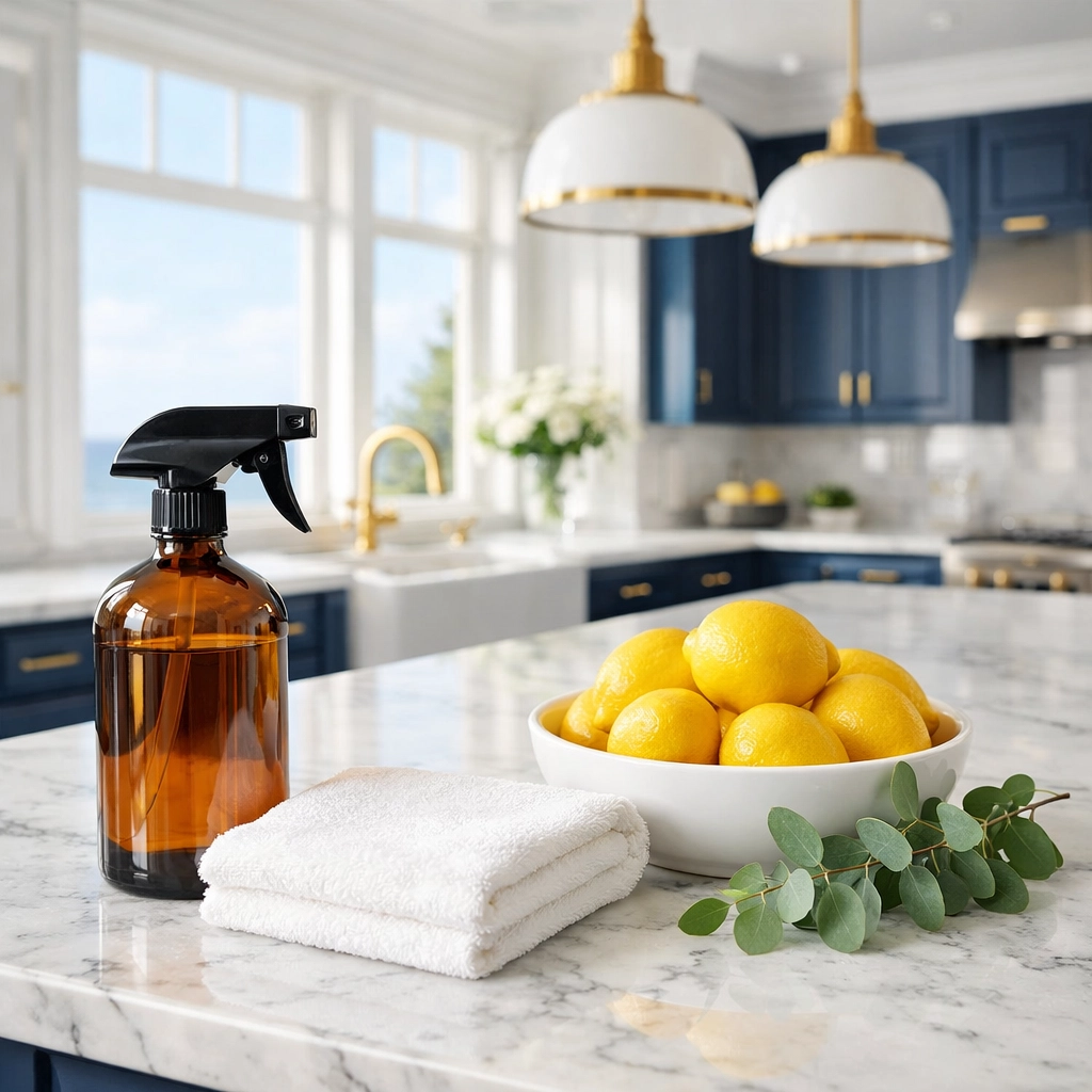 Eco-friendly luxury cleaning service in a Marblehead kitchen with marble countertops and ocean views.
