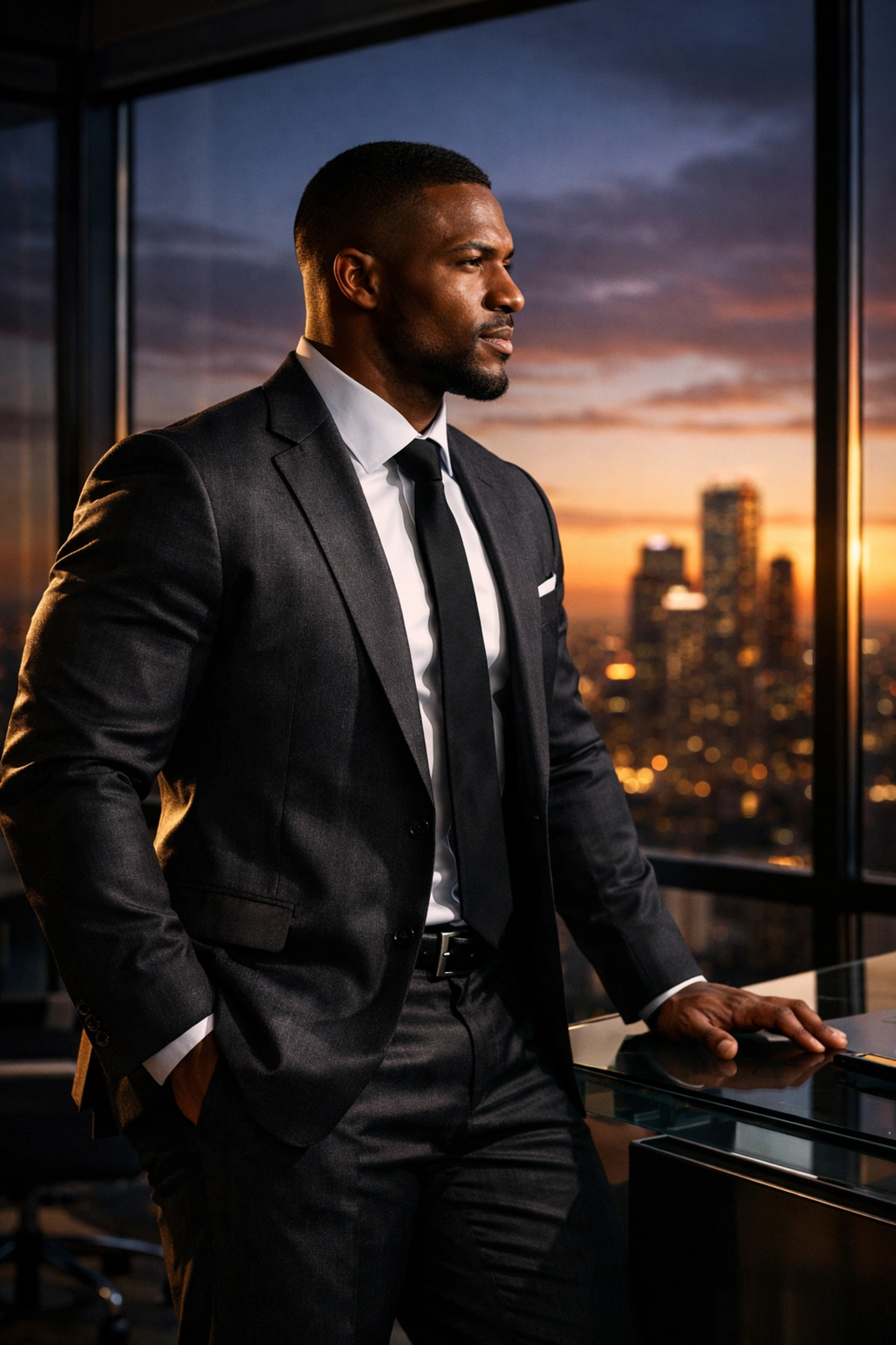 Professional athlete in a business suit in an office representing a successful career transition and personal branding.