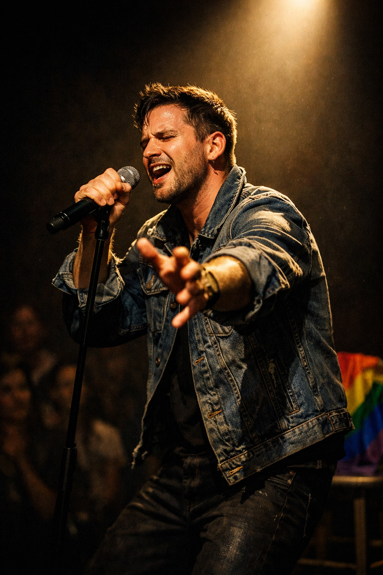 A passionate gay poet performing at a queer poetry slam, capturing the energy of live LGBTQ+ storytelling.