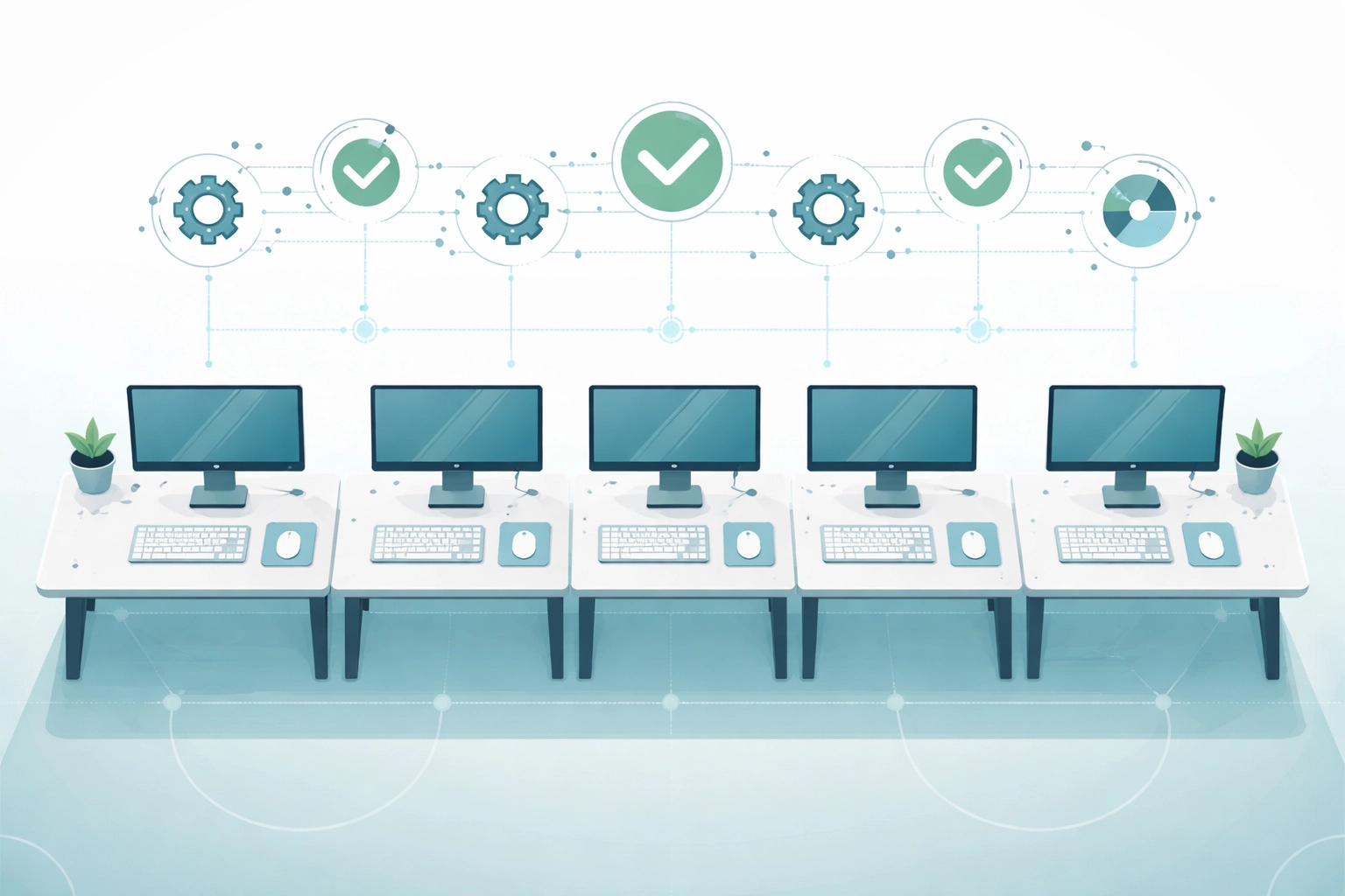 Modern office workstations in perfect alignment illustrating IT standardization for Northern Michigan businesses
