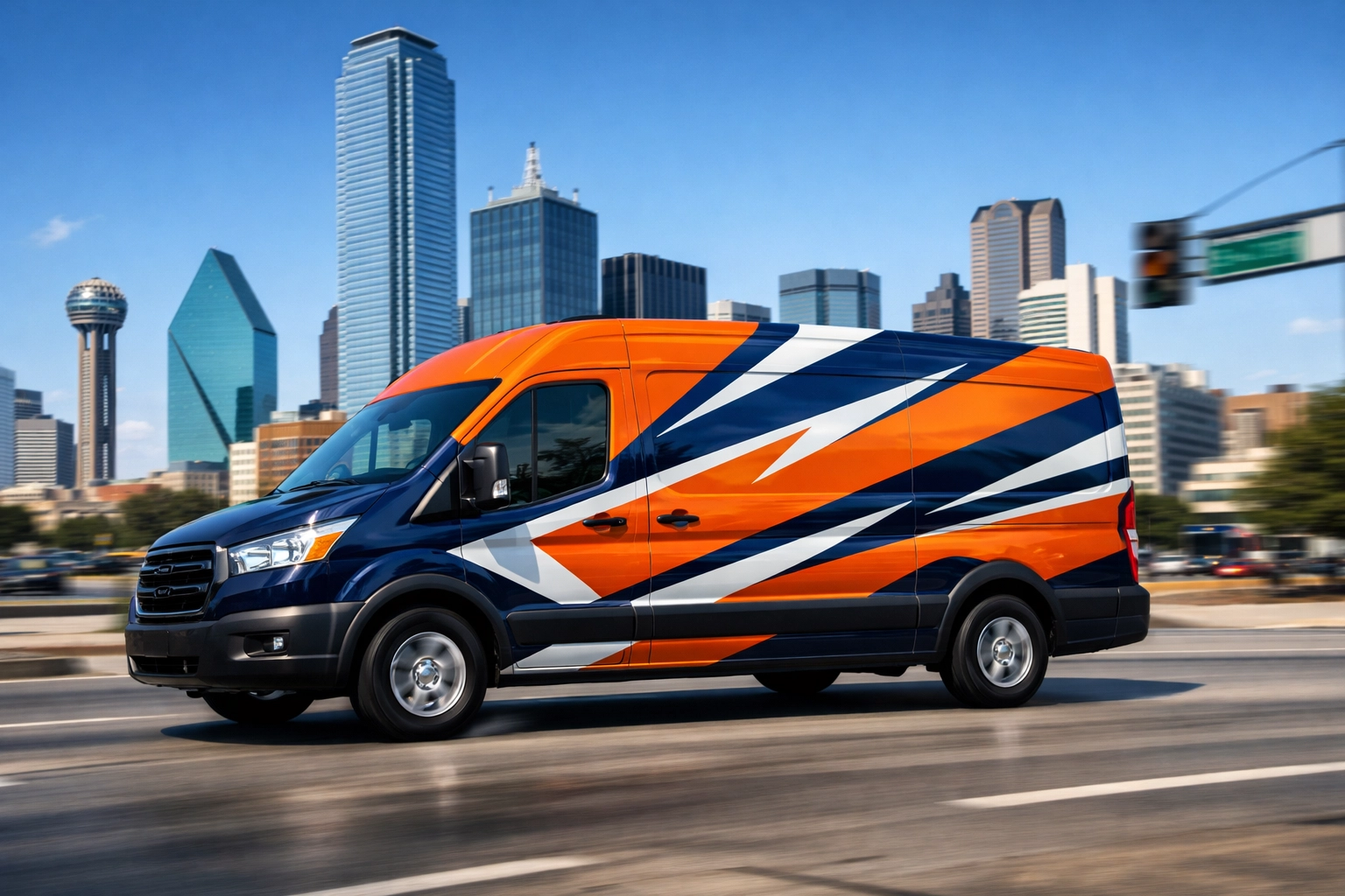 Service van with custom graphics driving past the Dallas skyline for effective mobile marketing.