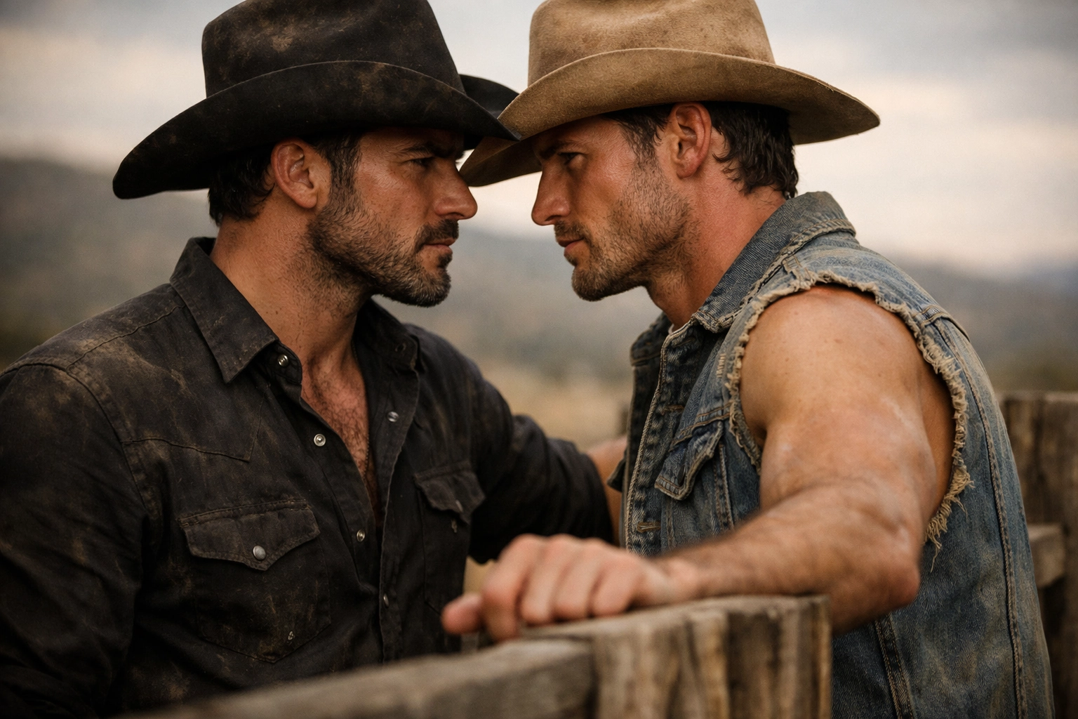 Two masculine men in ranch gear share a tense gaze, representing the popular enemies to lovers trope in gay romance.