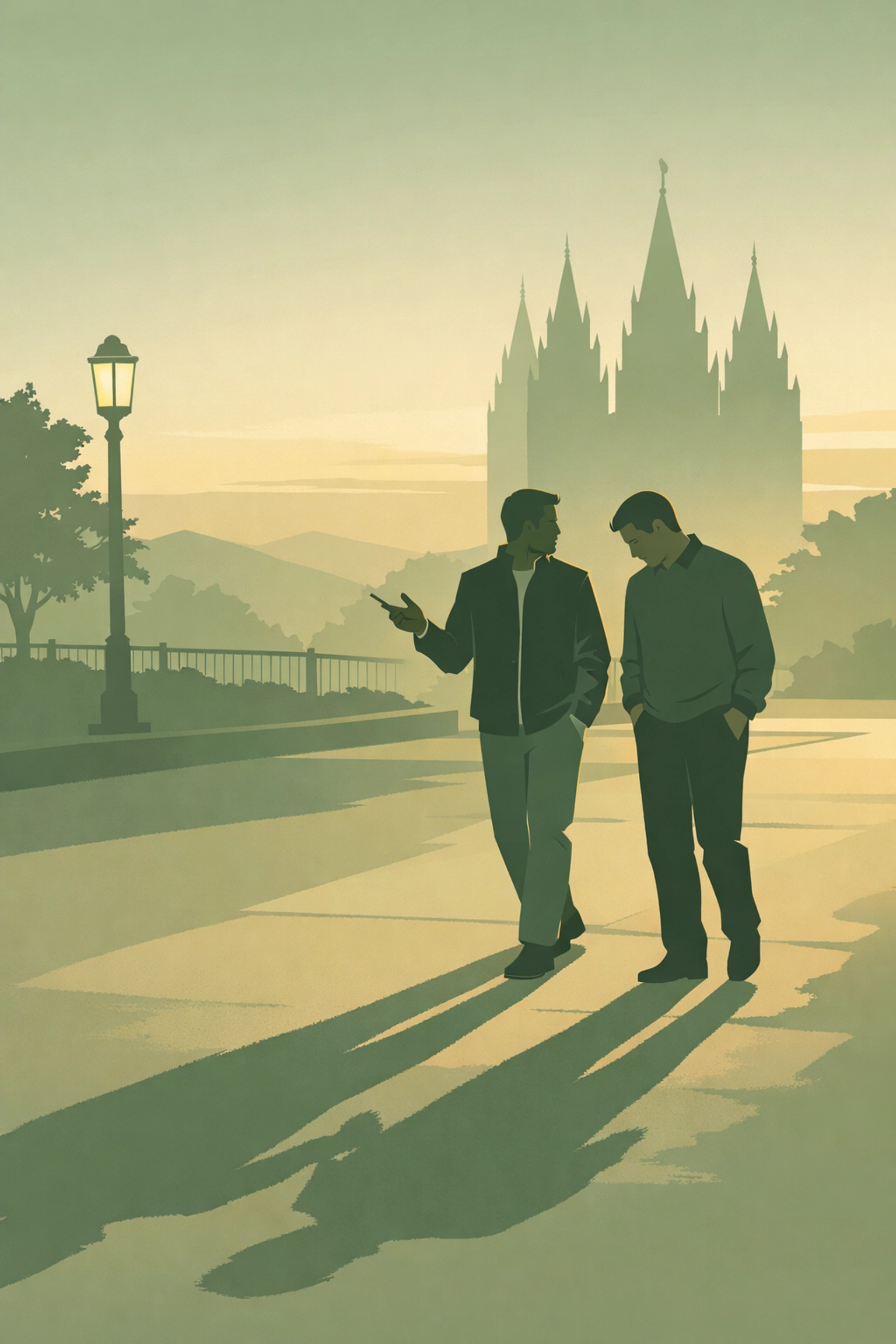 Two men walking near Temple Square at dusk discussing lost love and Mormon faith