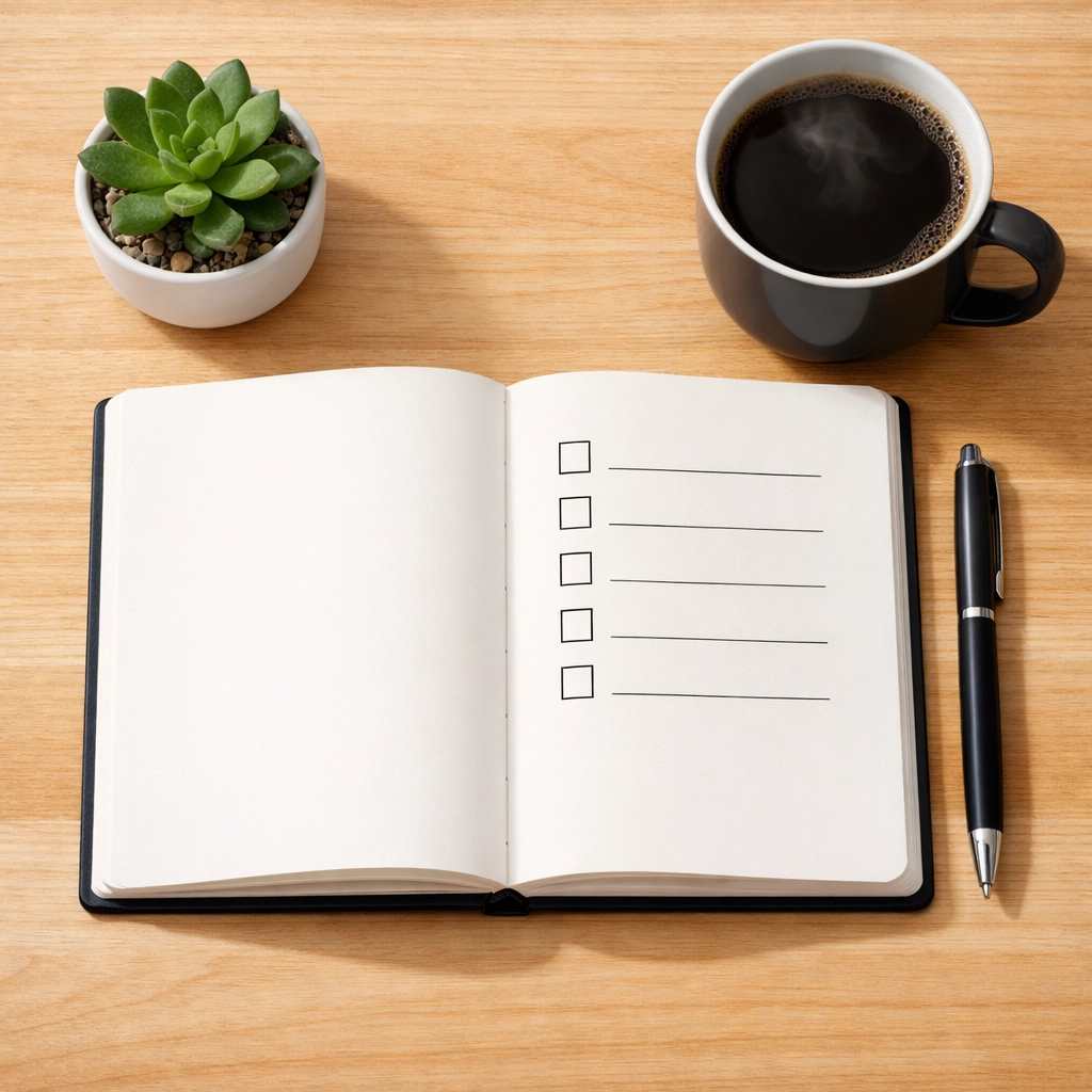 Business planning workspace with checklist for hospitality growth strategy assessment