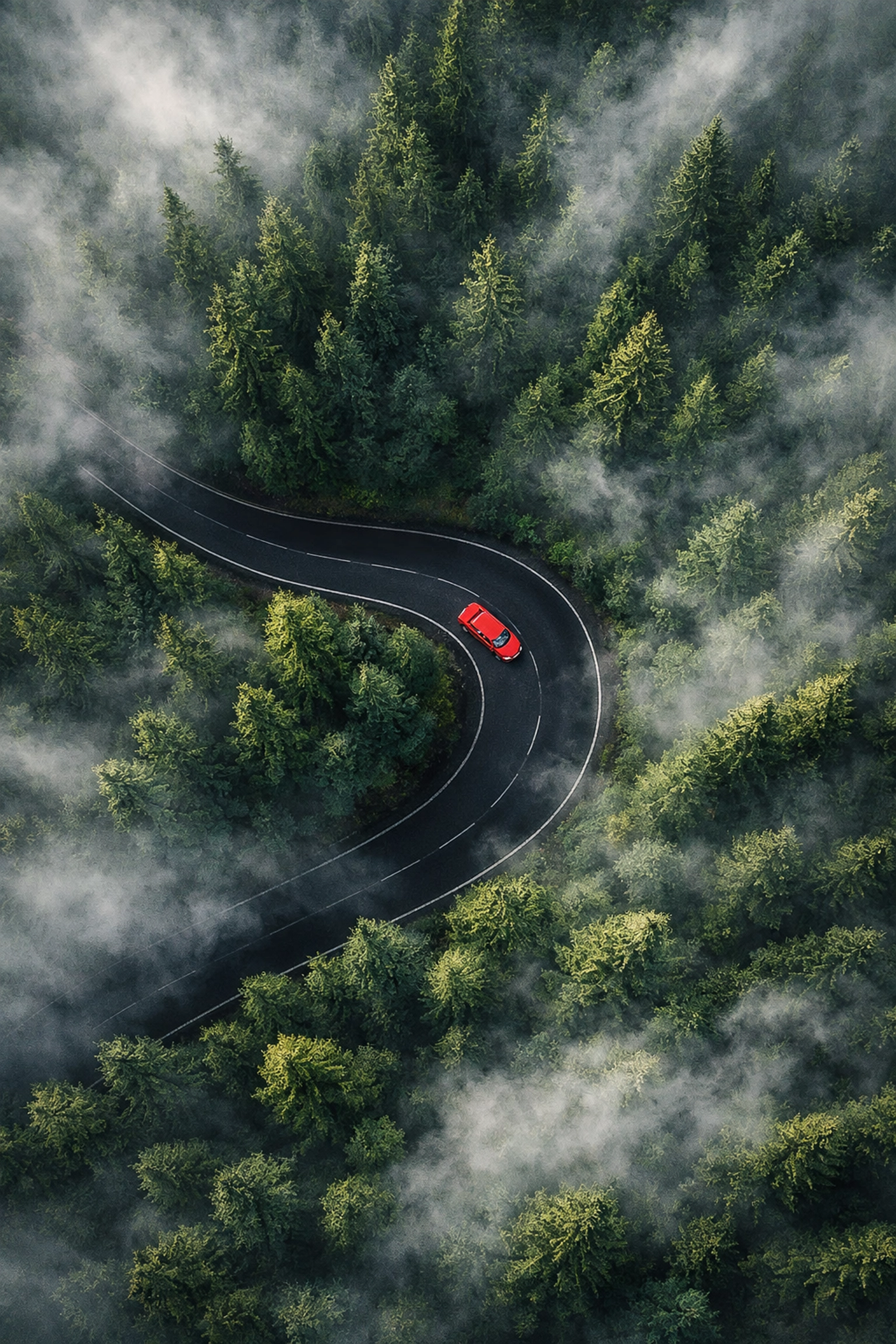 Ethereal landscape photography tips showing a red car on a winding road through a misty forest.