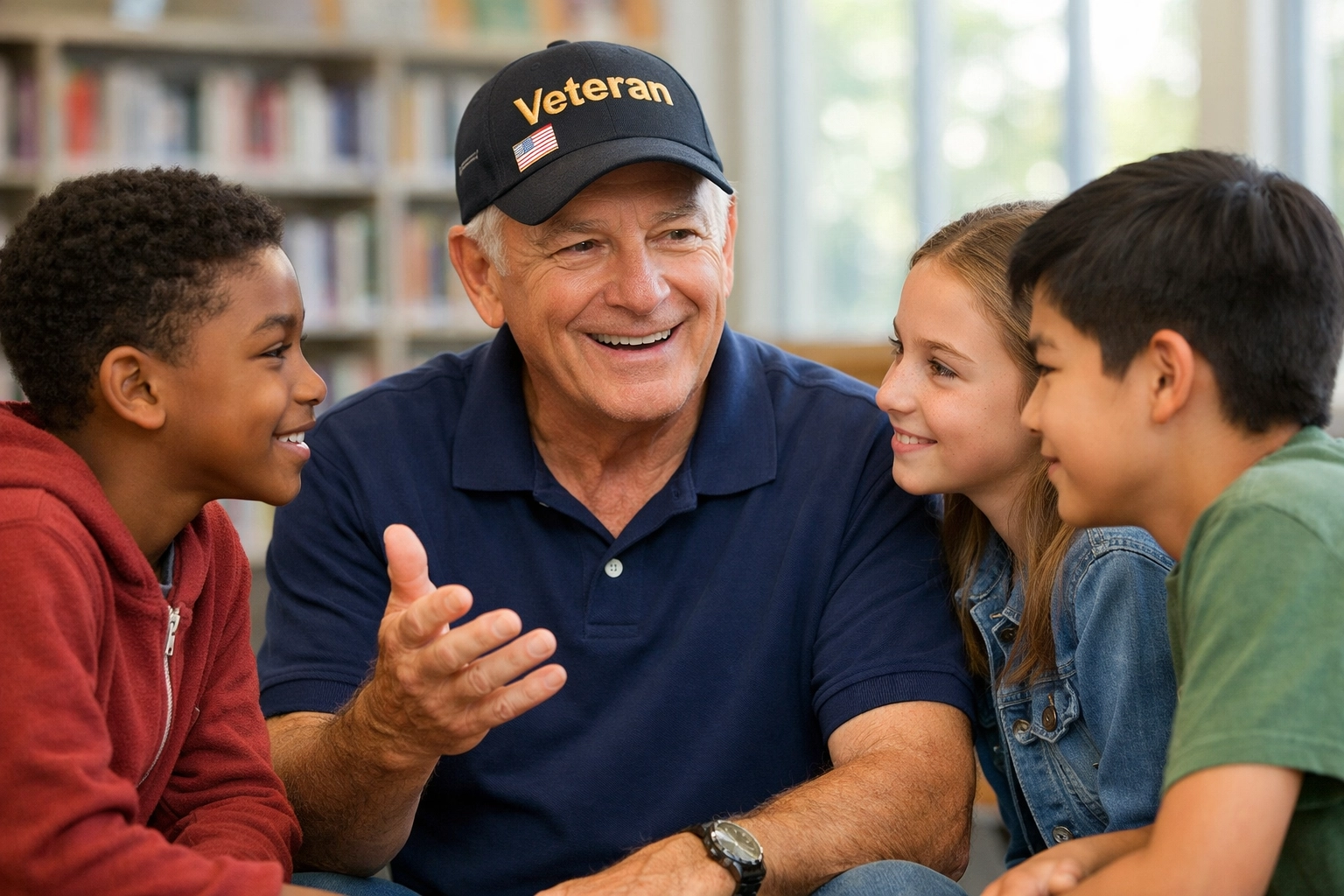 Veteran guest speaker teaching middle school students about the Pledge of Allegiance and civic responsibility.
