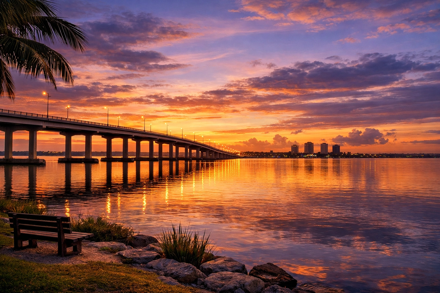 Scenic sunset view of the Cape Coral Bridge crossing the river towards Fort Myers.
