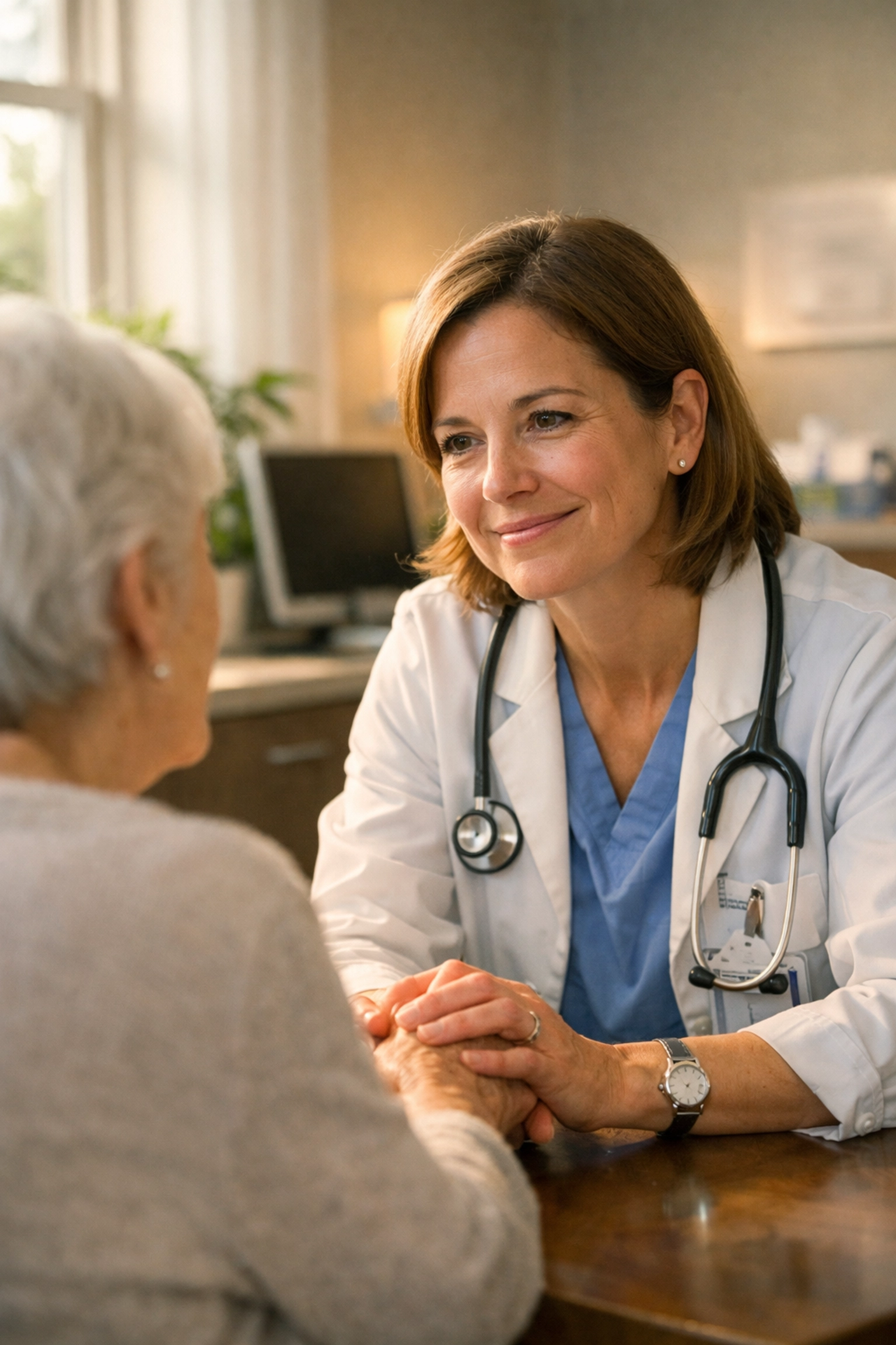 Healthcare professional showing empathy and human connection with a patient in a modern medical suite.