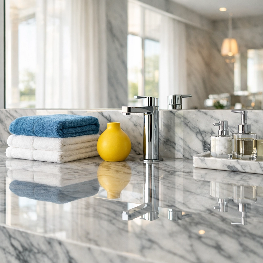 Polished marble vanity showing the quality of professional deep cleaning Worcester services.