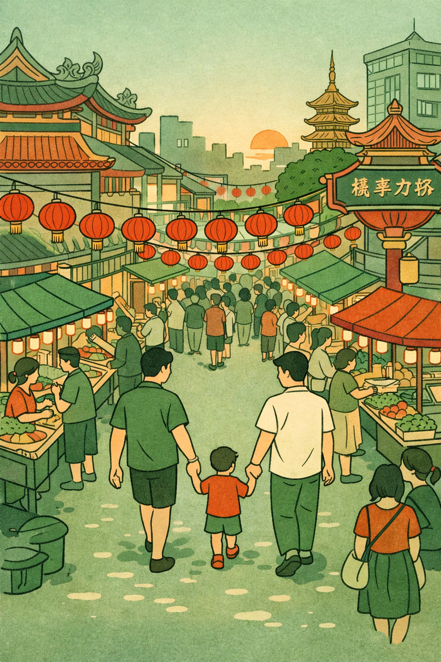 Gay family walking through Bangkok Chinatown celebration with lanterns and festive crowds