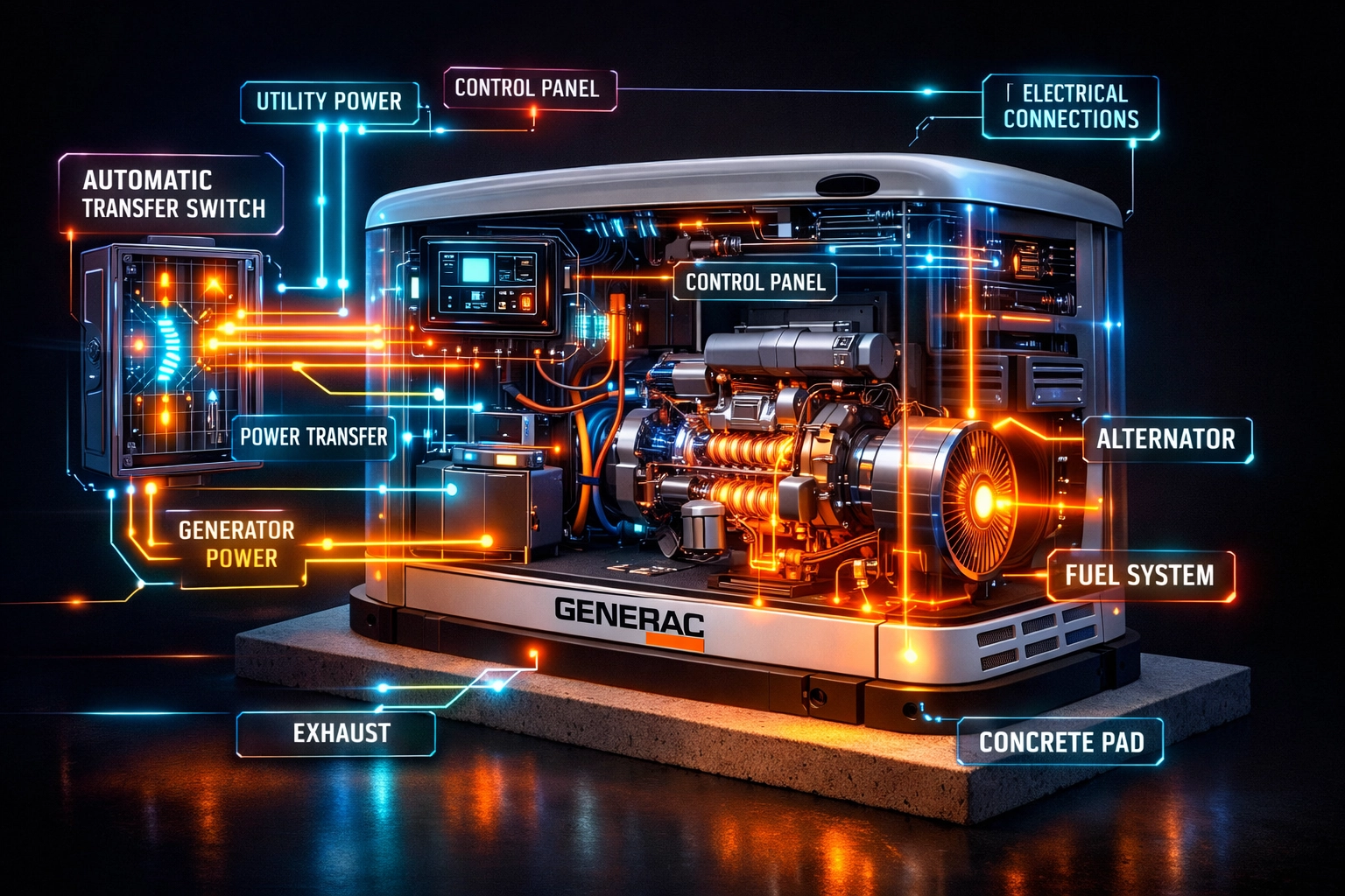 Generac generator internal components showing automatic transfer switch and power routing