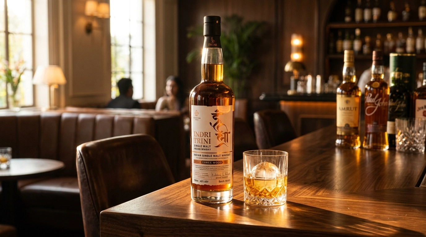 A premium bottle of Indian Single Malt Whisky on a polished wood bar in golden hour light