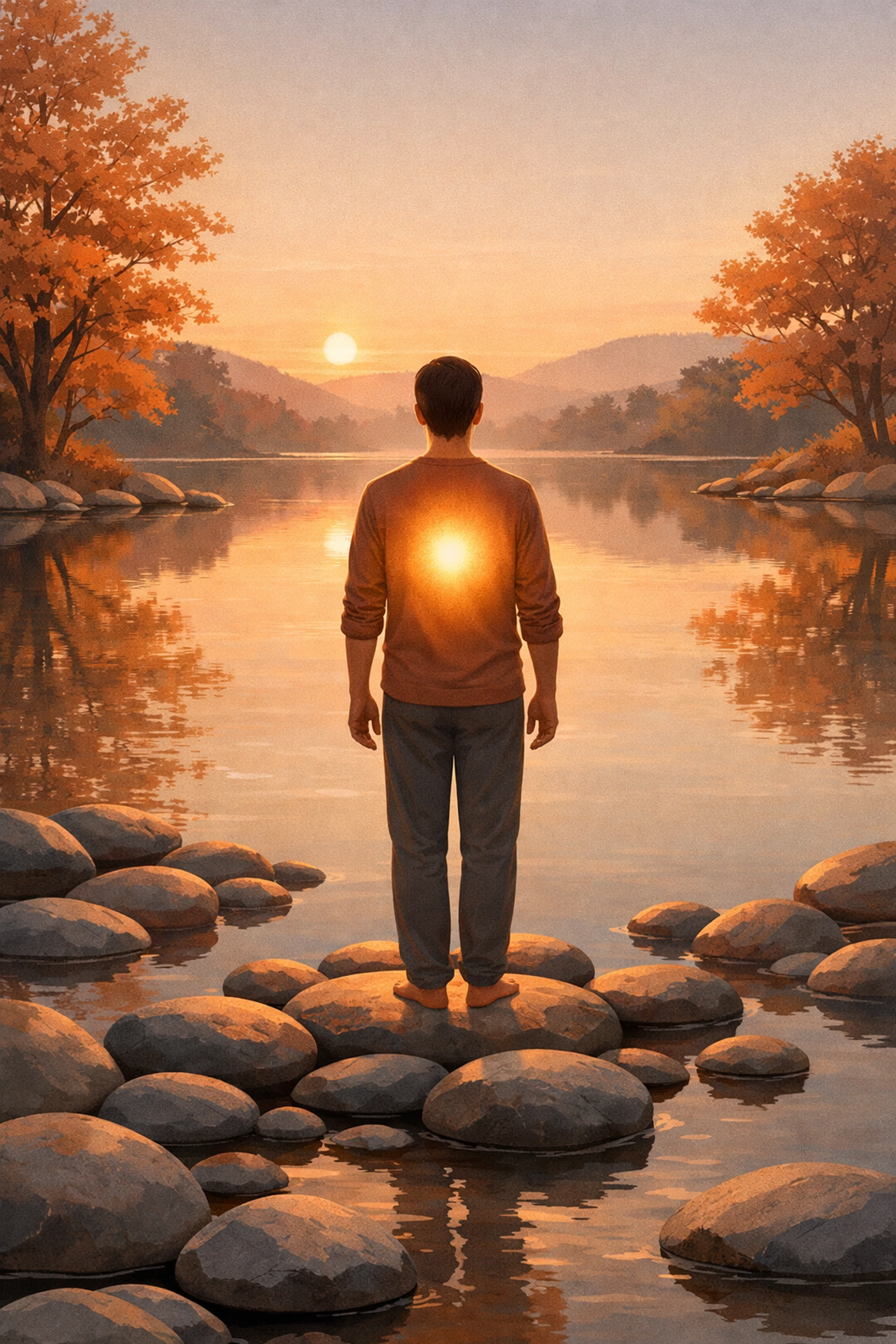 A person finding inner peace and groundedness in a tranquil nature landscape at sunset.