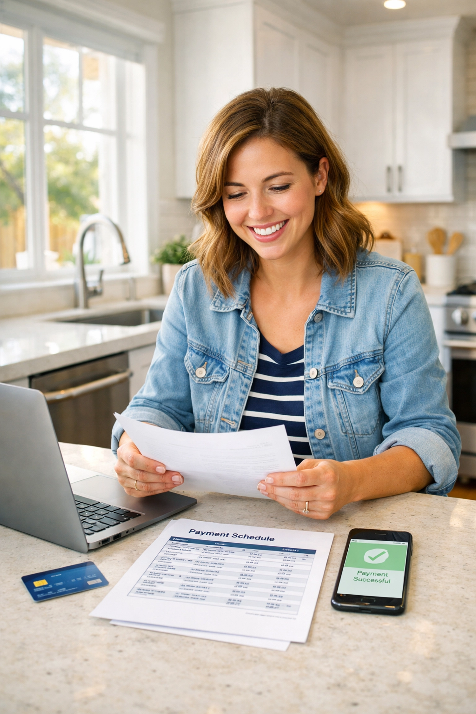 Clear Lake resident reviewing credit repair progress and payment documents at home