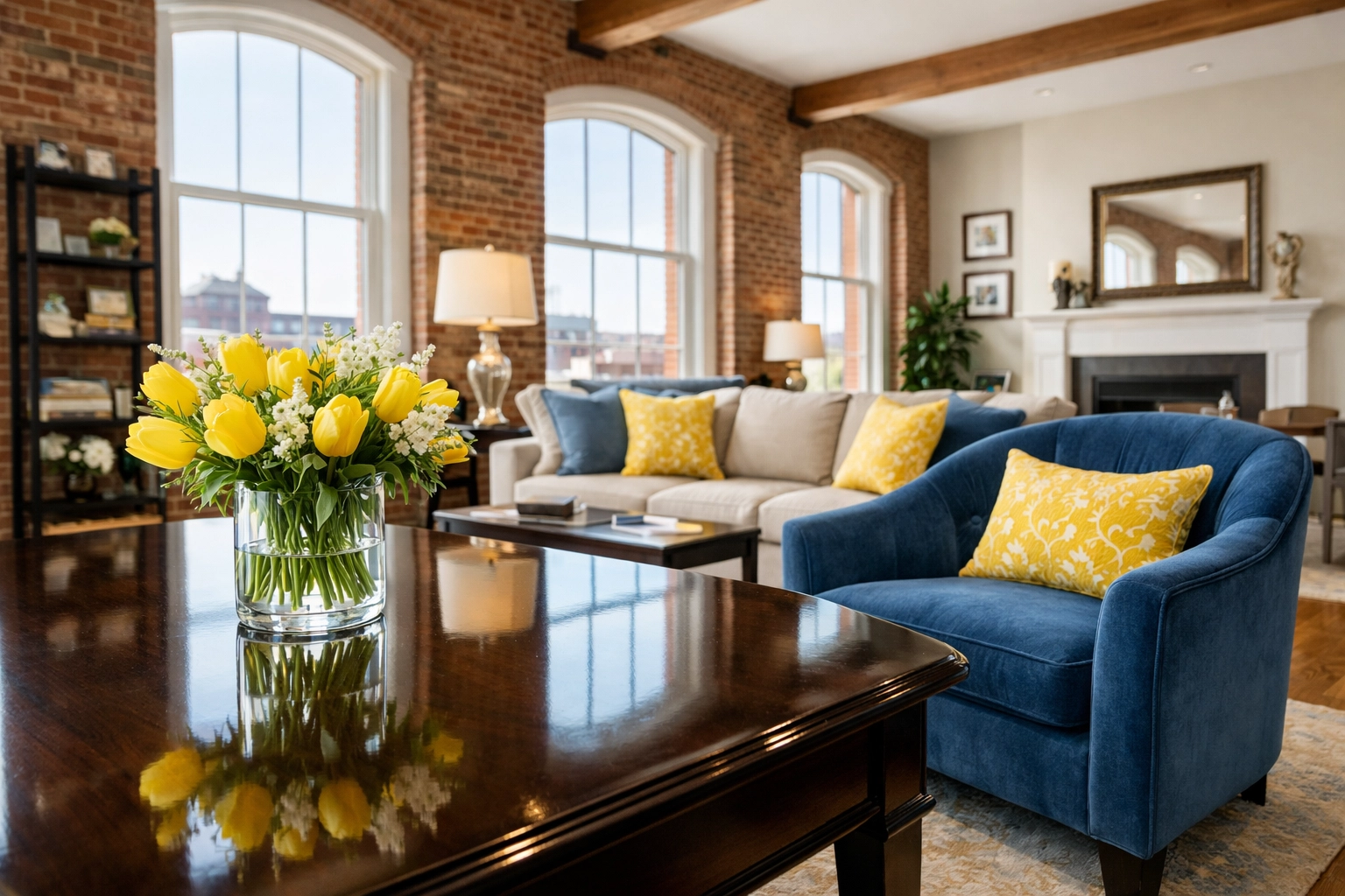 A spotless, sun-lit living room in a historic Lowell home after a professional deep cleaning service.