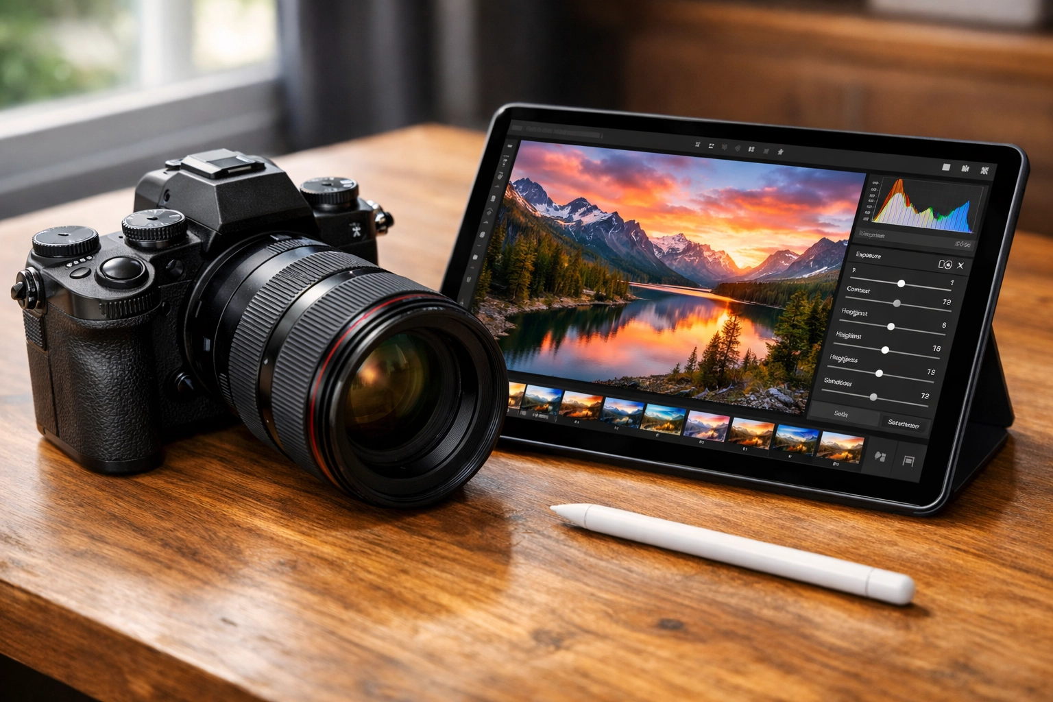 Professional camera gear alongside a tablet used for digital photo editing and image verification.
