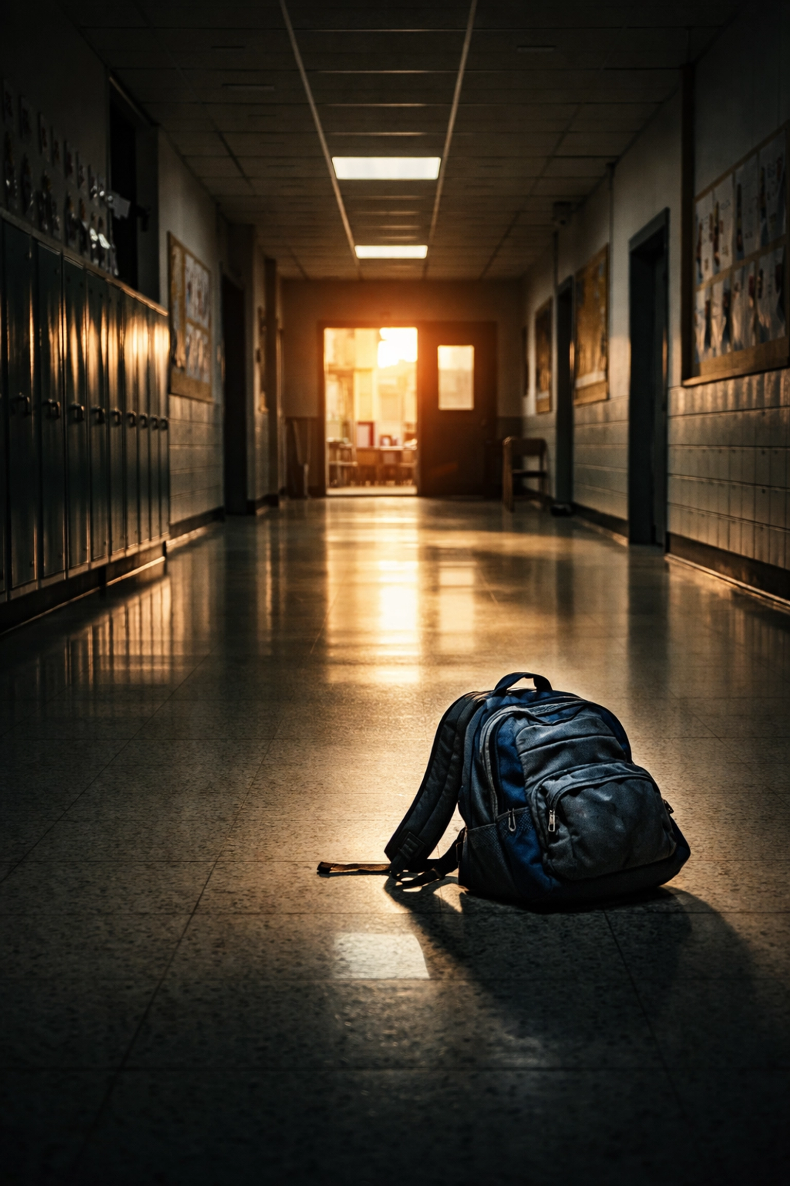 Abandoned backpack in empty school hallway symbolizing violence and crisis communications challenges in American schools.