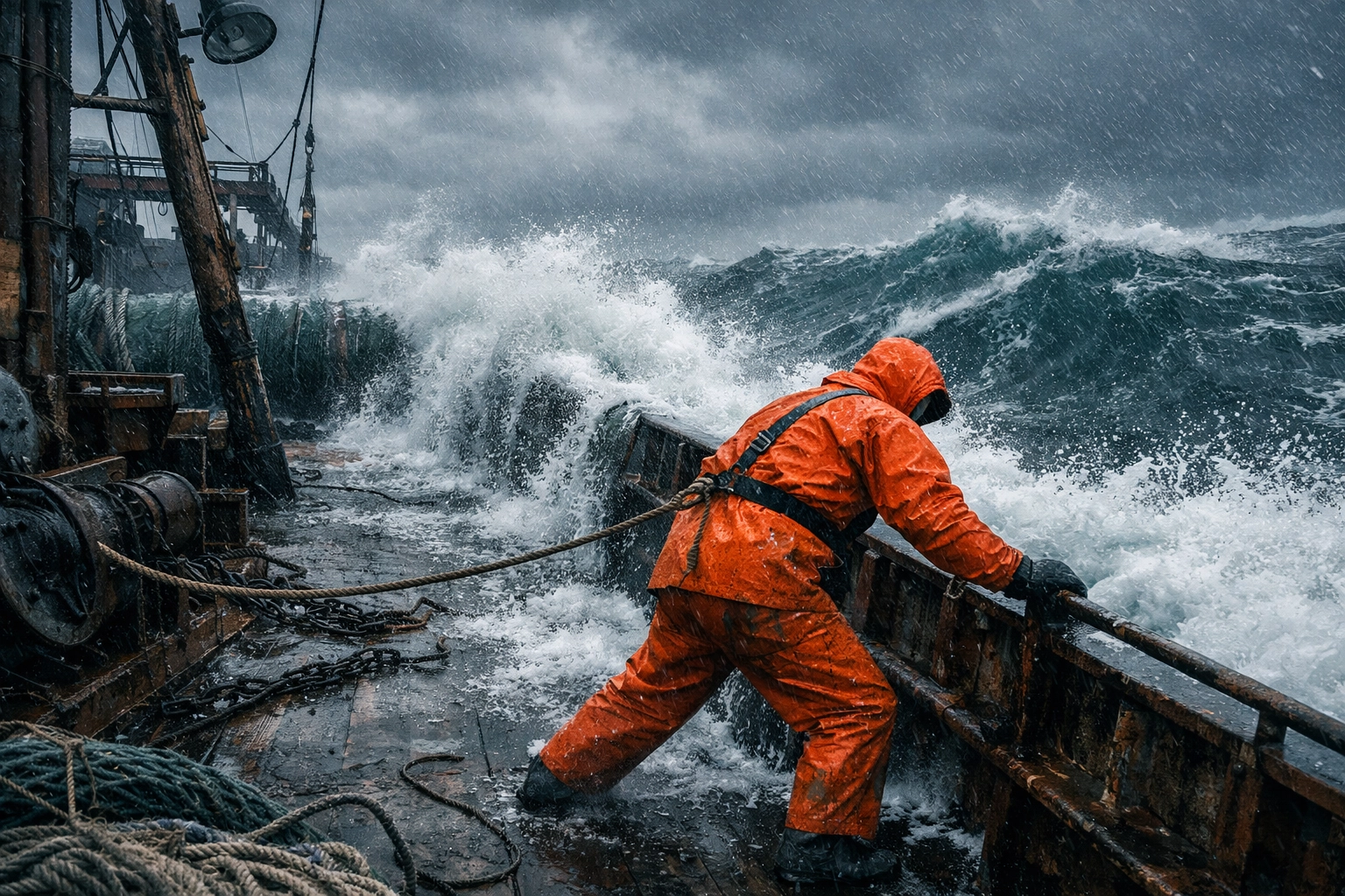 Deep-sea fisherman on a boat deck battling massive waves during a dangerous storm at sea.