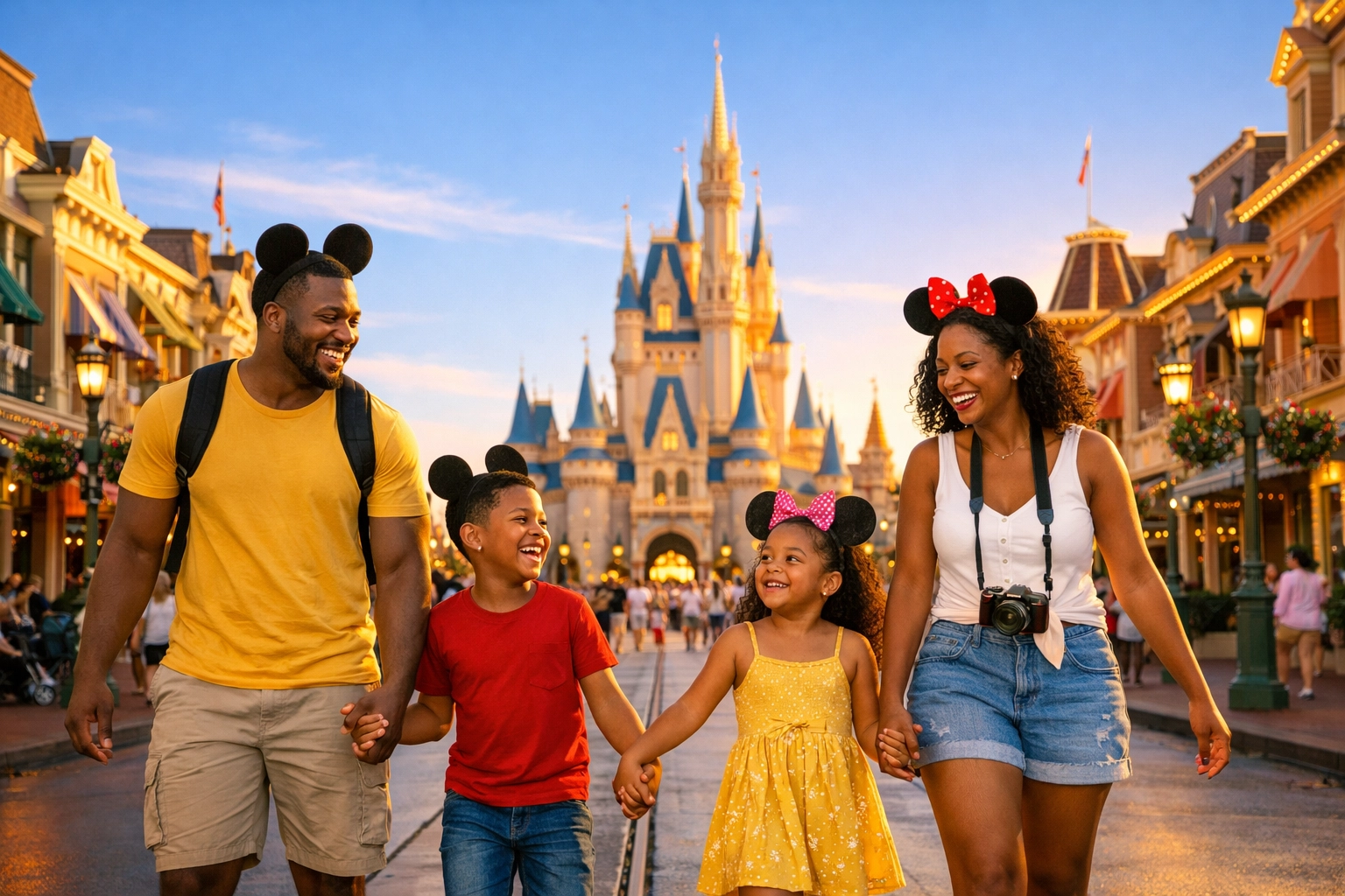 A joyful family walks toward the castle, successfully following their Disney Trip Planner guide.