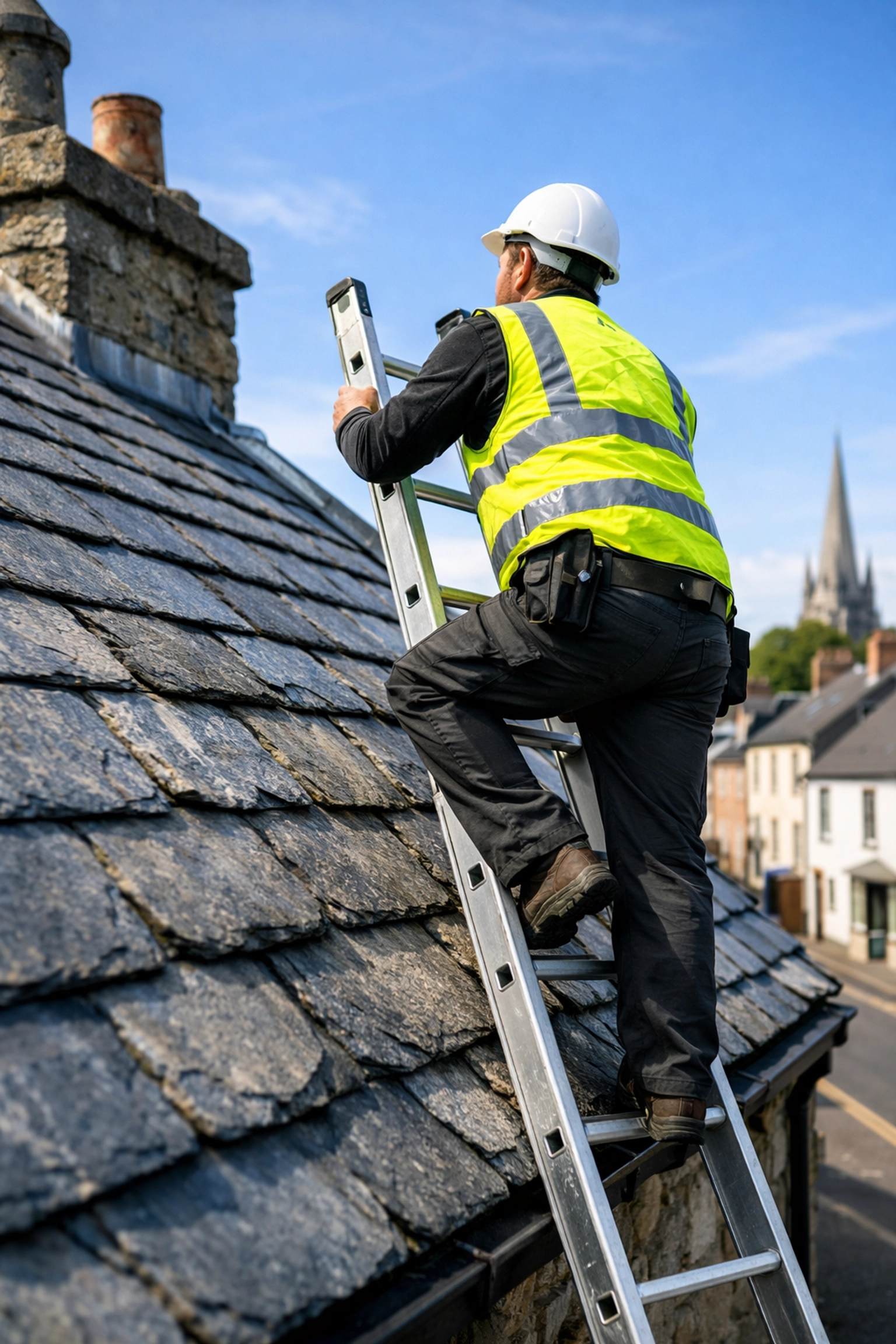 Professional roof surveyor inspecting slate roof in Armagh during comprehensive survey