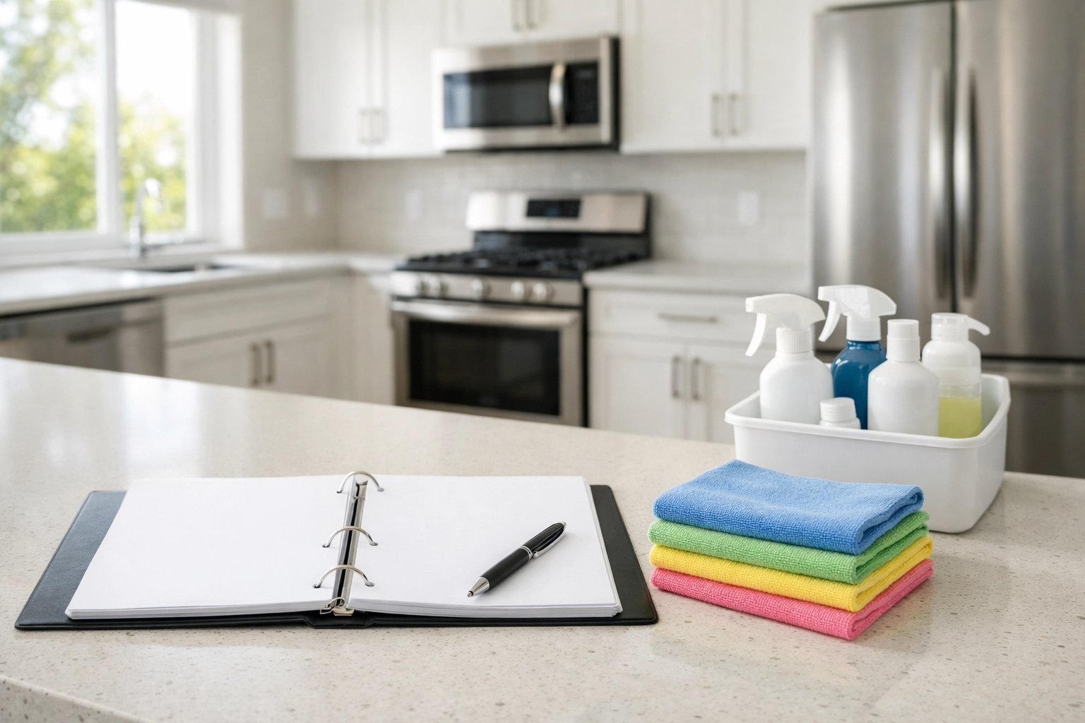 Spotless apartment kitchen with a turnover cleaning checklist and microfiber cloths on a counter.