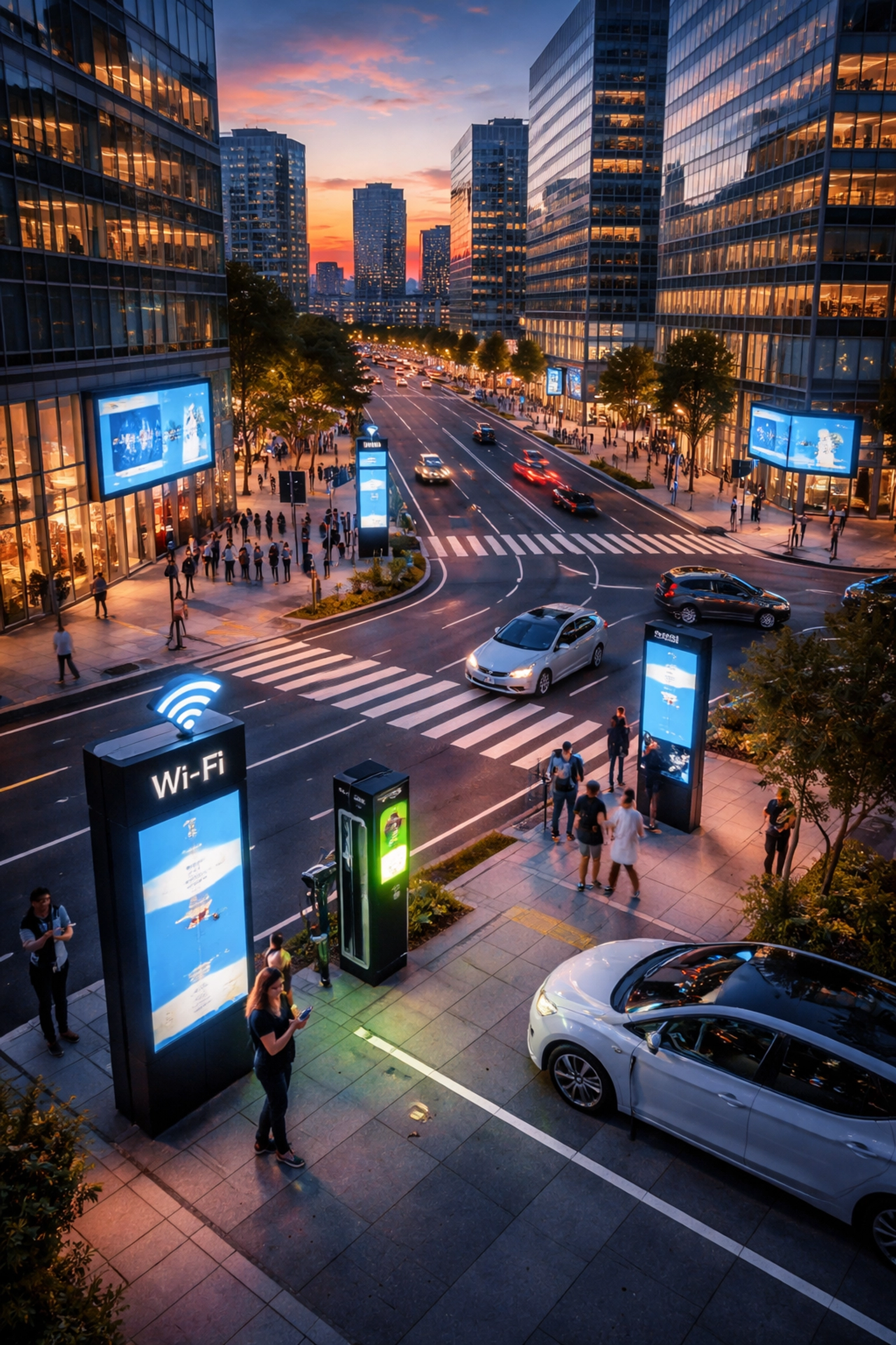 Smart city intersection at dusk with digital signage and Wi-Fi kiosks highlighting urban technology solutions