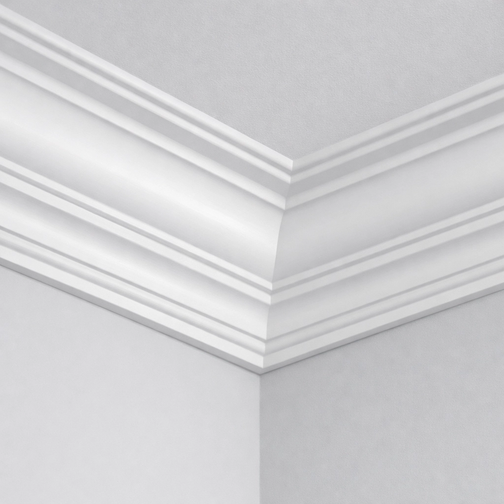 Detailed close-up of white crown moulding featuring a perfectly mitered corner in a luxury NJ home.