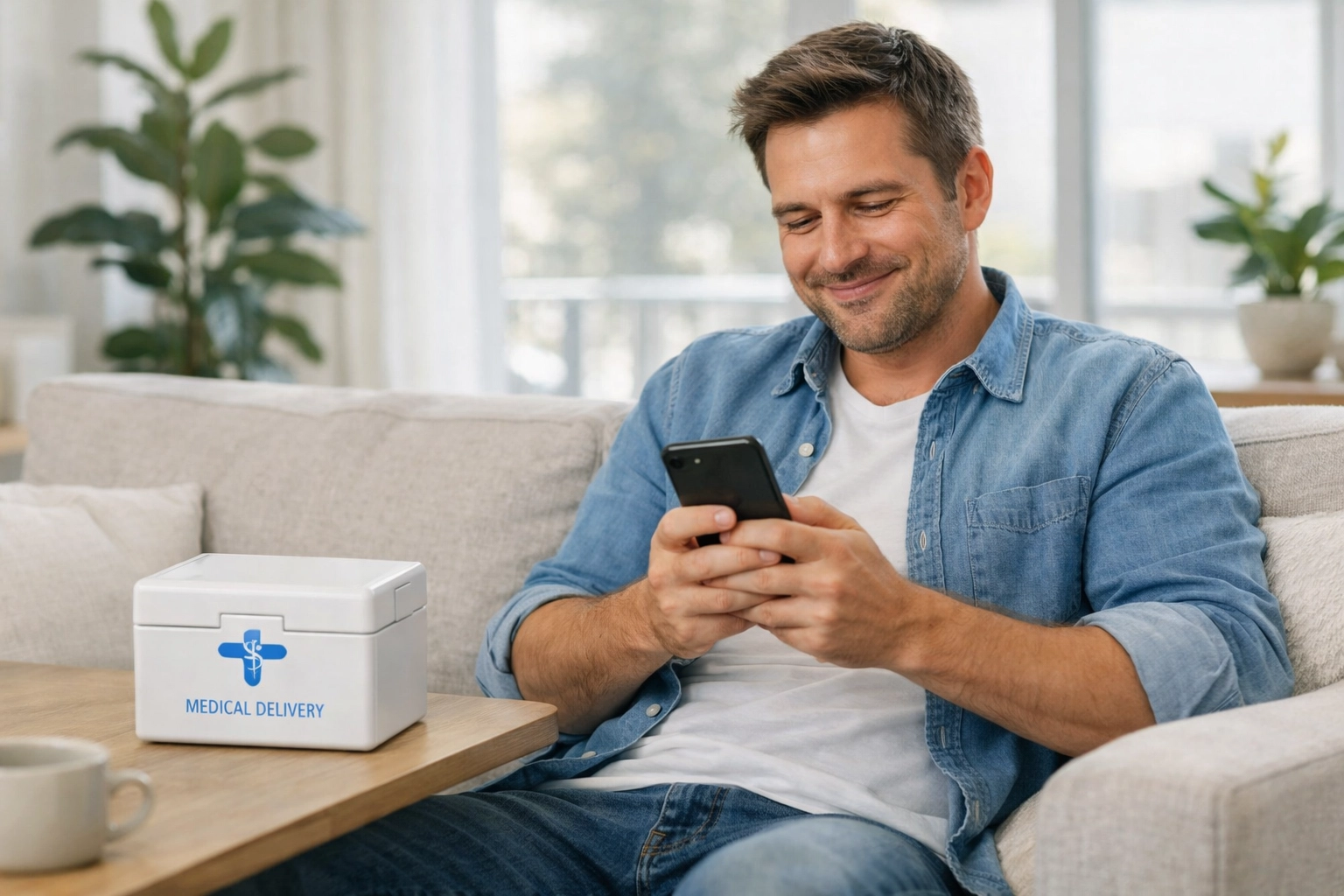 A man at home with a medical weight loss delivery box, representing affordable Wegovy substitute options.