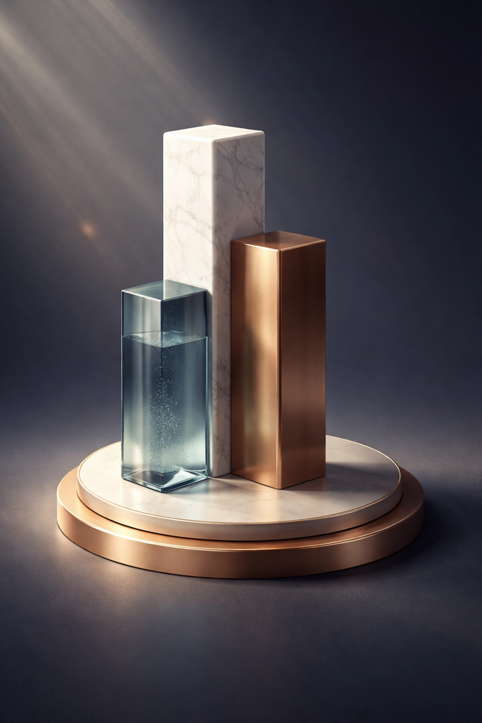 Visual representation of a balanced investment portfolio using three pillars for stocks, real assets, and alternatives.