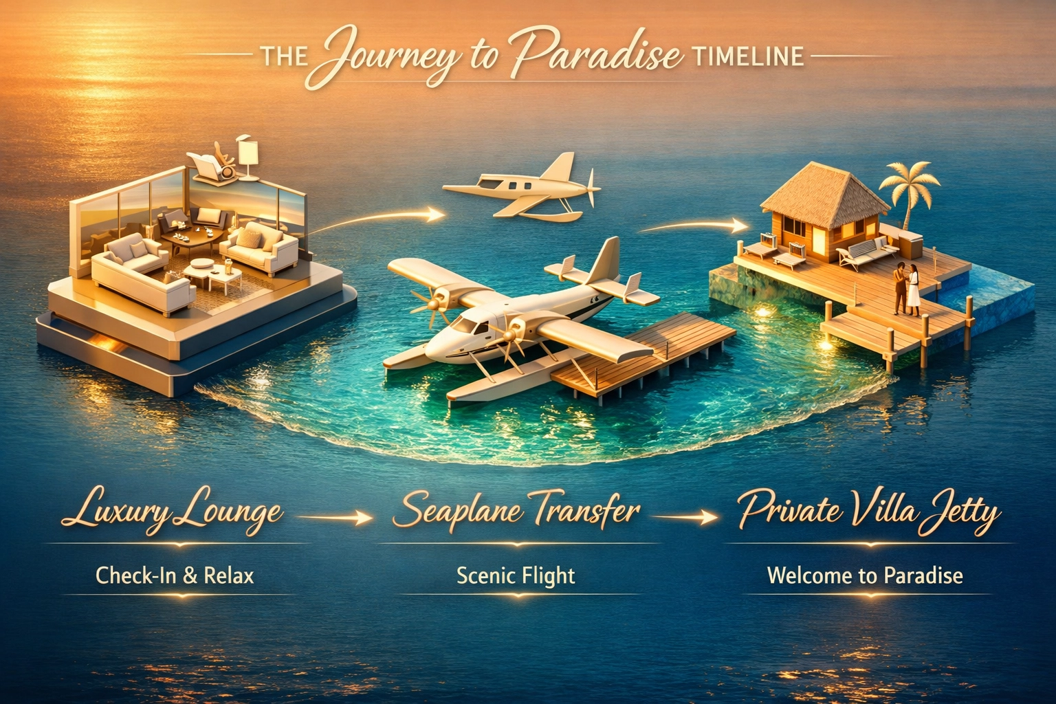 Visual timeline of luxury Maldives resort transfers from the airport lounge to seaplane arrival.