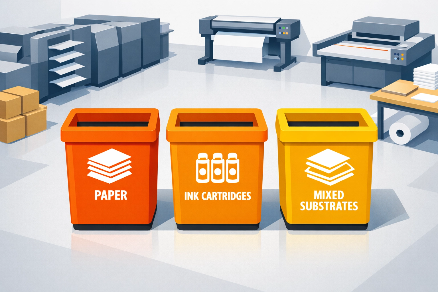 Organized waste sorting stations in a print shop for sustainable material management