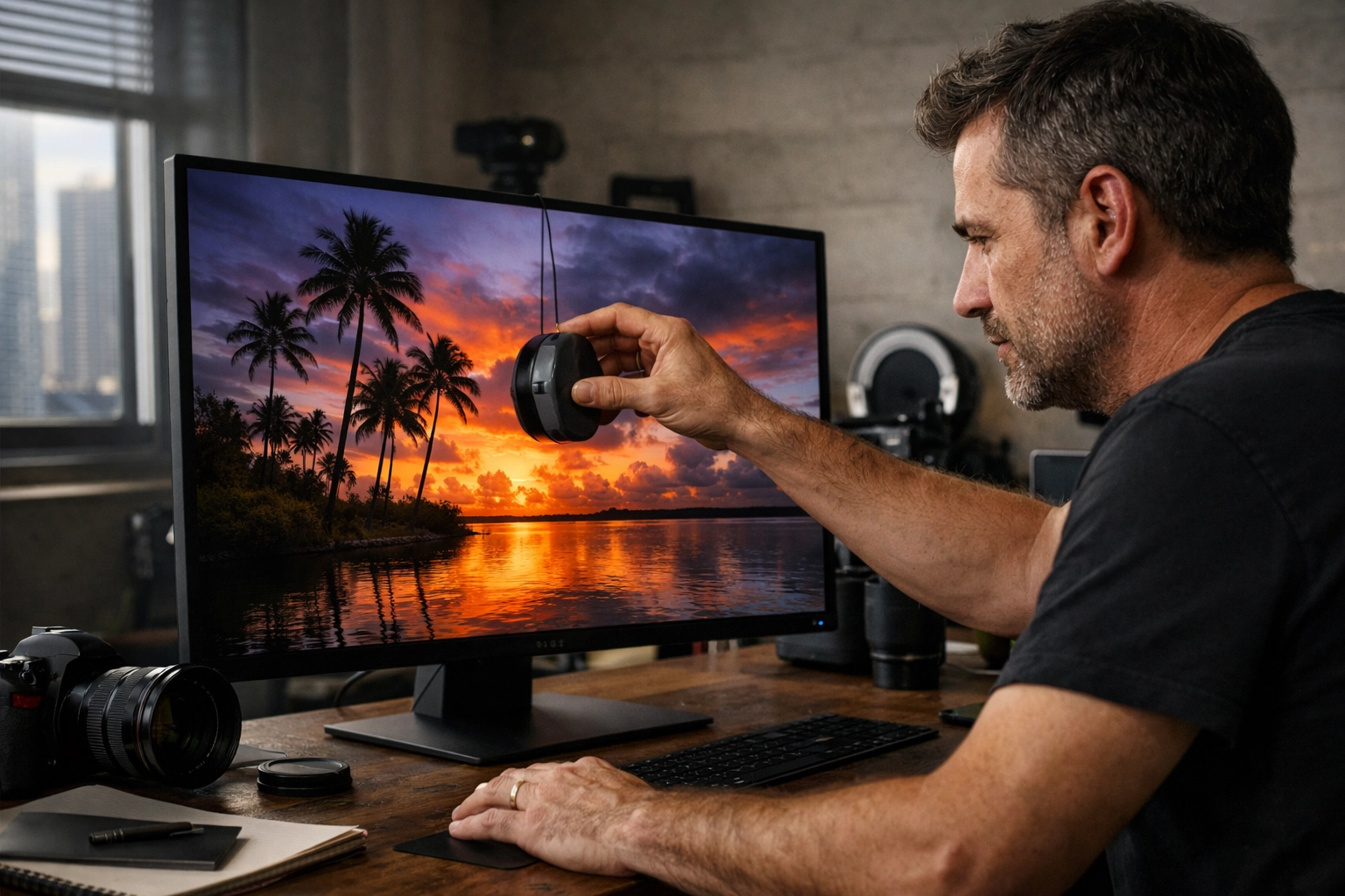 Photographer in Miami calibrating a monitor to ensure color accuracy for fine art photography prints.