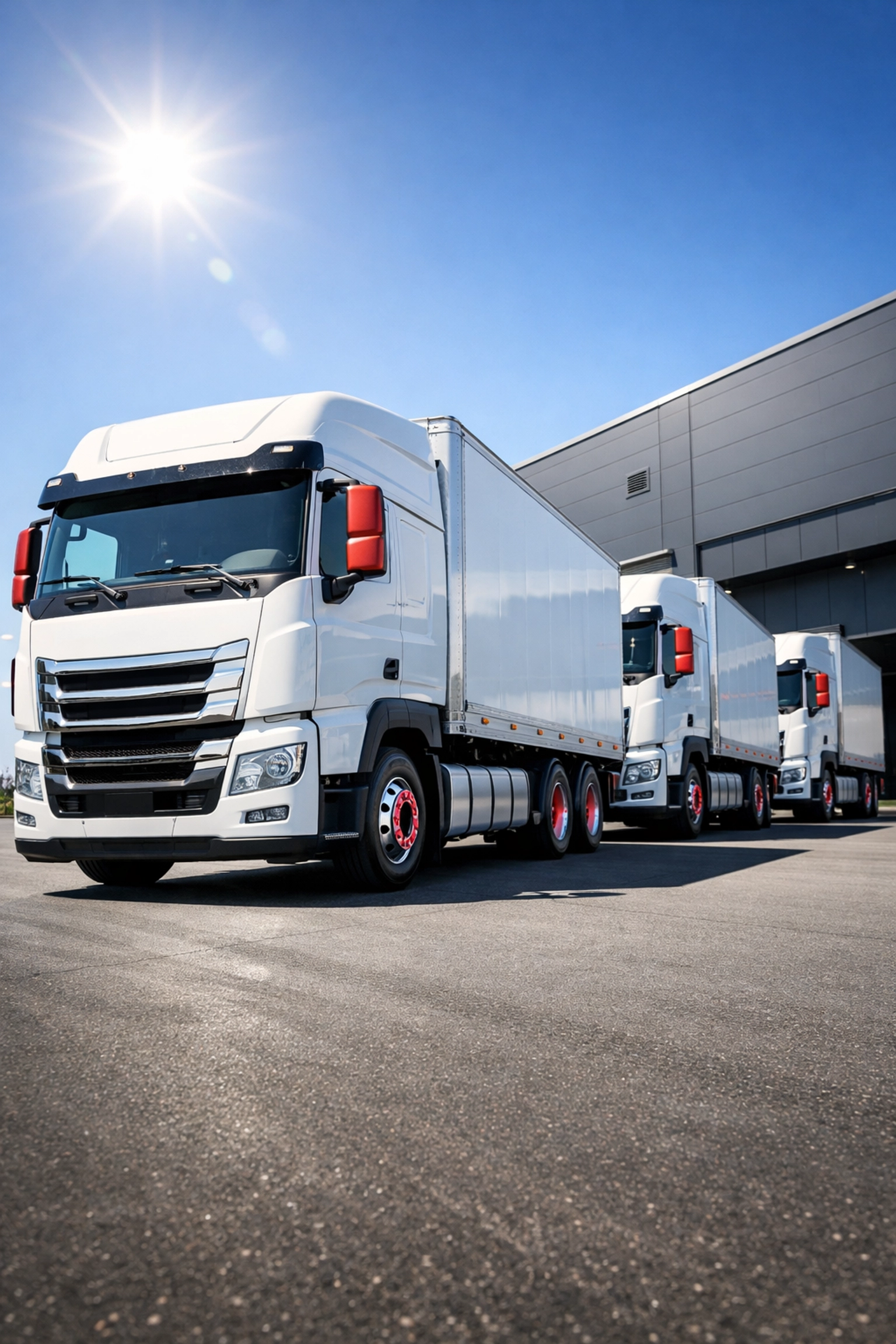 A fleet of modern delivery trucks outside a Hertford logistics warehouse ready for national and international shipping.